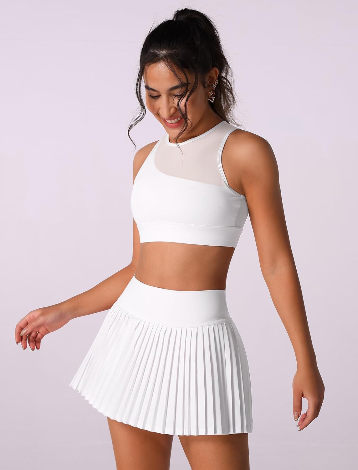 Two Piece Tennis Skirt Sets Outfits Single Shoulder Strap Tulle mesh top with High Waisted Pleated Skirt Sets - Image 3
