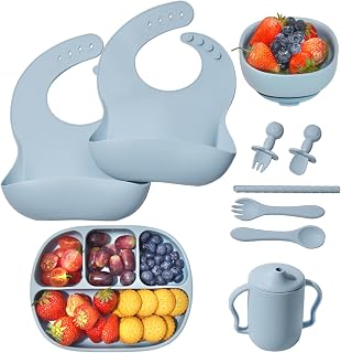 MumEZ Silicone Baby Feeding Set, Baby Led Weaning Supplies, 2 Pcs Adjustable Silicone Bibs, Baby Plates and Bowls with Suction, Baby Spoons Forks, Sippy Cup, Eating Utensils for 6+ Month(Ether)