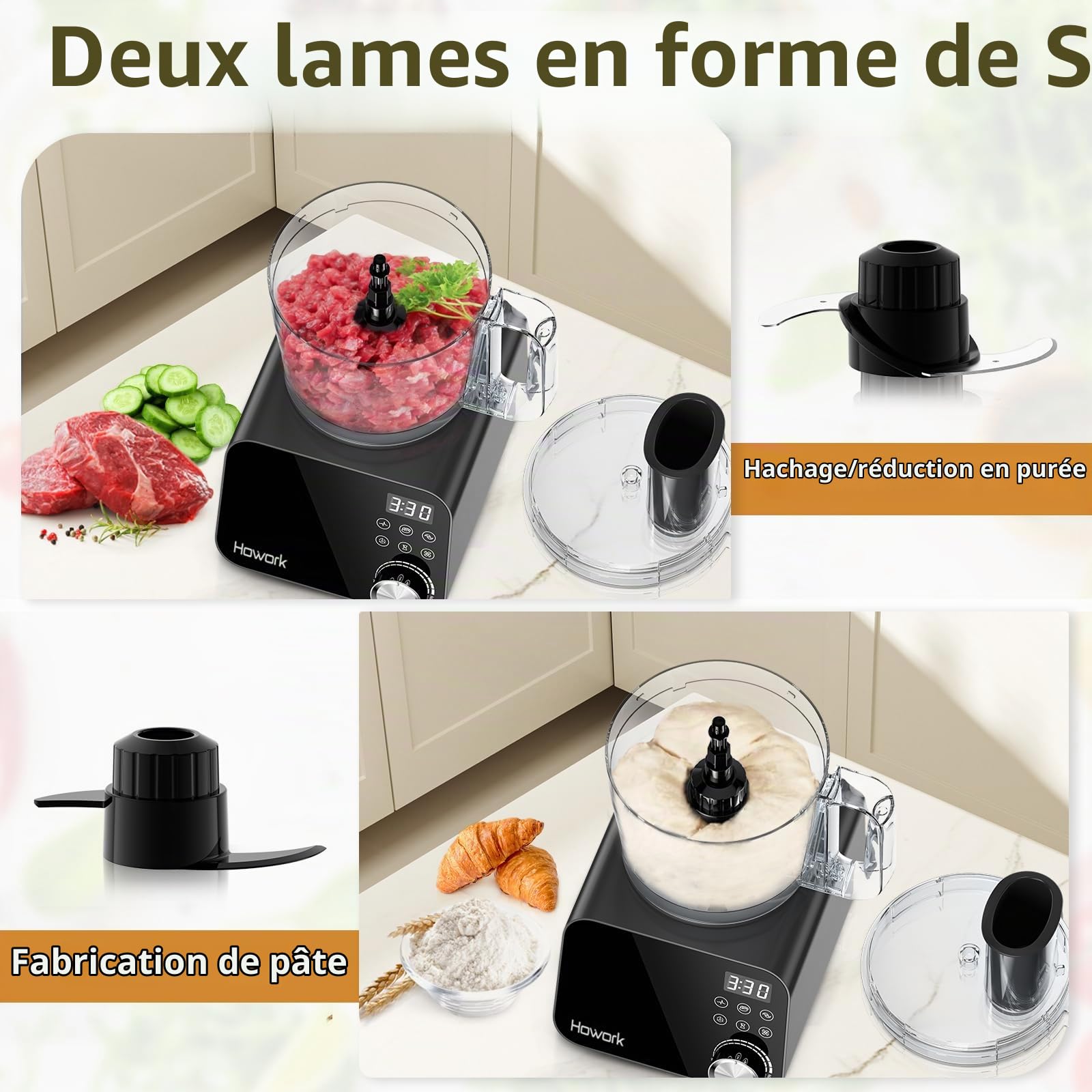 Howork robot de cuisine 1500W,Grande Capacité Robot Multifonction Cuisine, Pour Déchiqueter, Trancher,Hacher, Moudre, Faire des Smoothies, Hacher, Farcir et Faire de la Pâte, Acier Inoxydable Noir