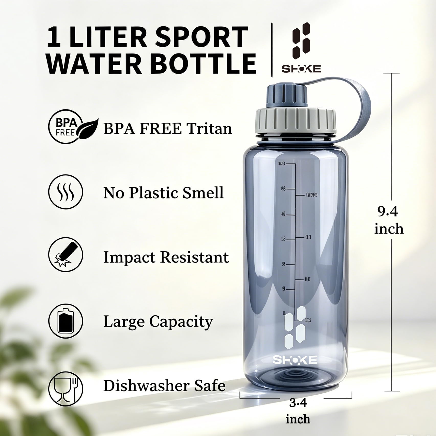 SHOKE Tritan Wasserflasche mit breitem Mund, auslaufsicher, Kunststoff, 1 Liter, BPA-frei, für Sport, Outdoor-Reisen, grau