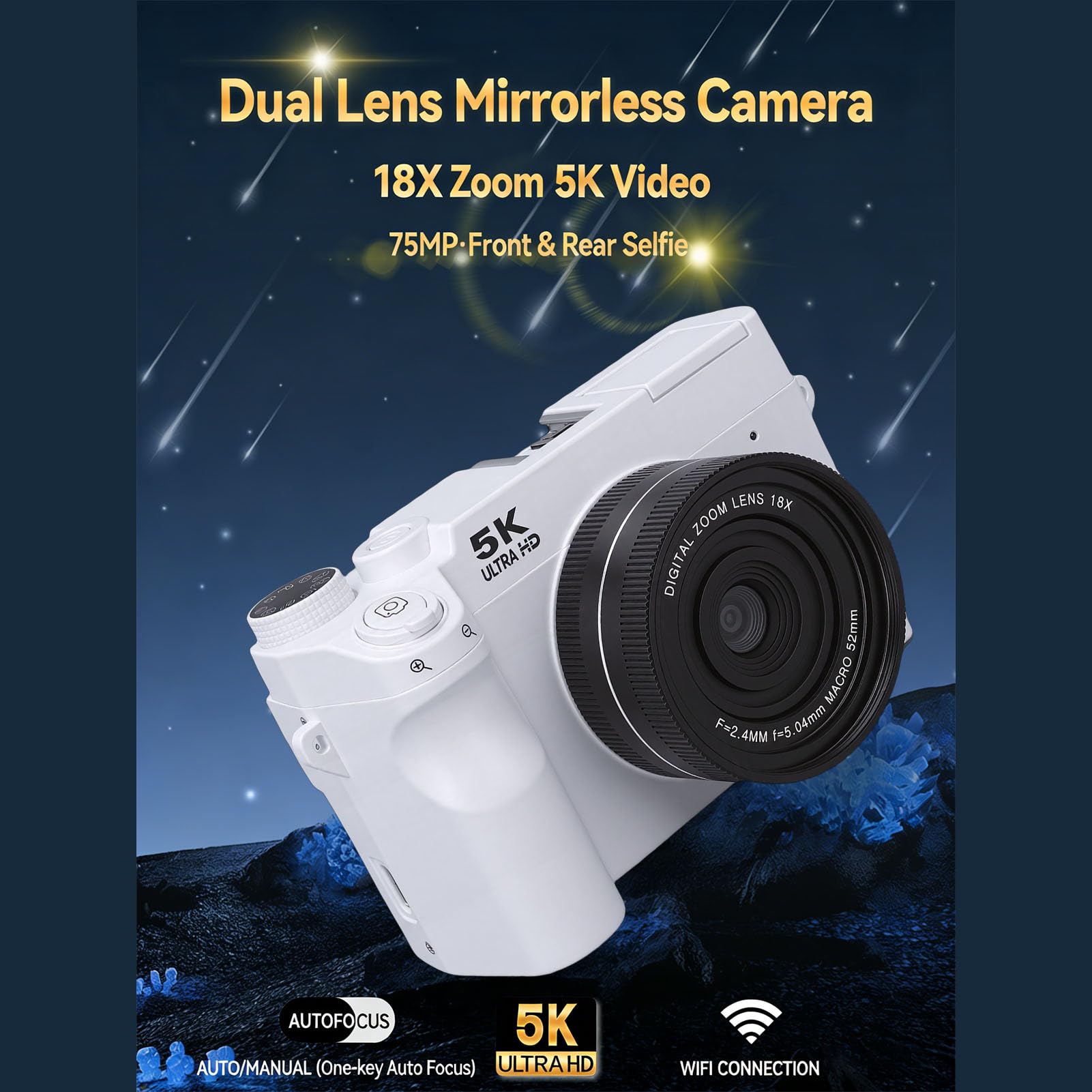 Jectse Fotocamera Digitale 5K per Fotografia con WiFi, Fotocamera per Vlogging Ultra HD da 75 MP con Schermo Ribaltabile a 180° da 3 Pollici, Compatta con Messa a Fuoco (White)