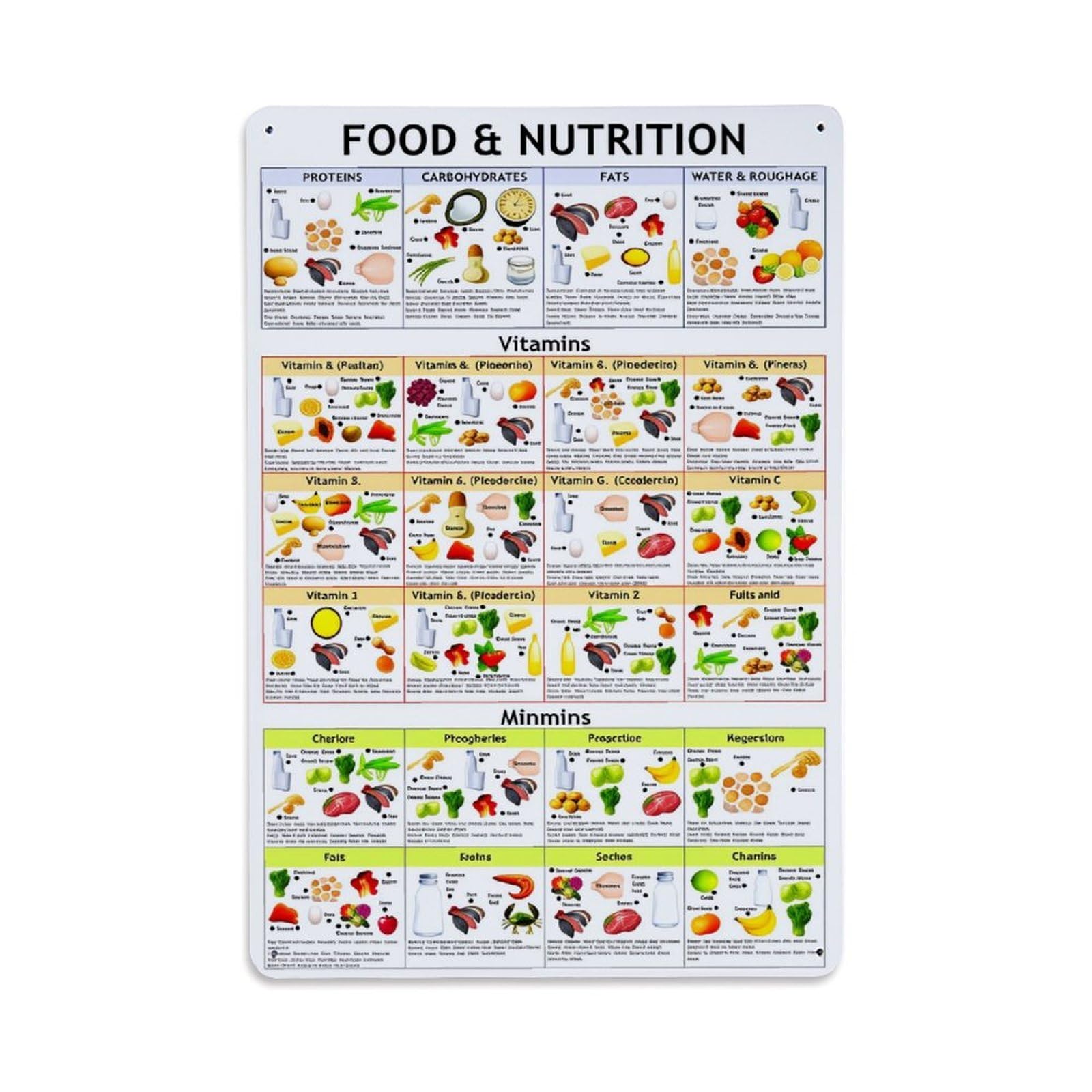 Jdfenggu Vintage Food Nutrition Vitamins Minerals Fruits Retro Metal Tin Sign, Decor Art Poster For Bar, Home, Man Cave, Kitchen, Laundry Room Gift 8X12inch