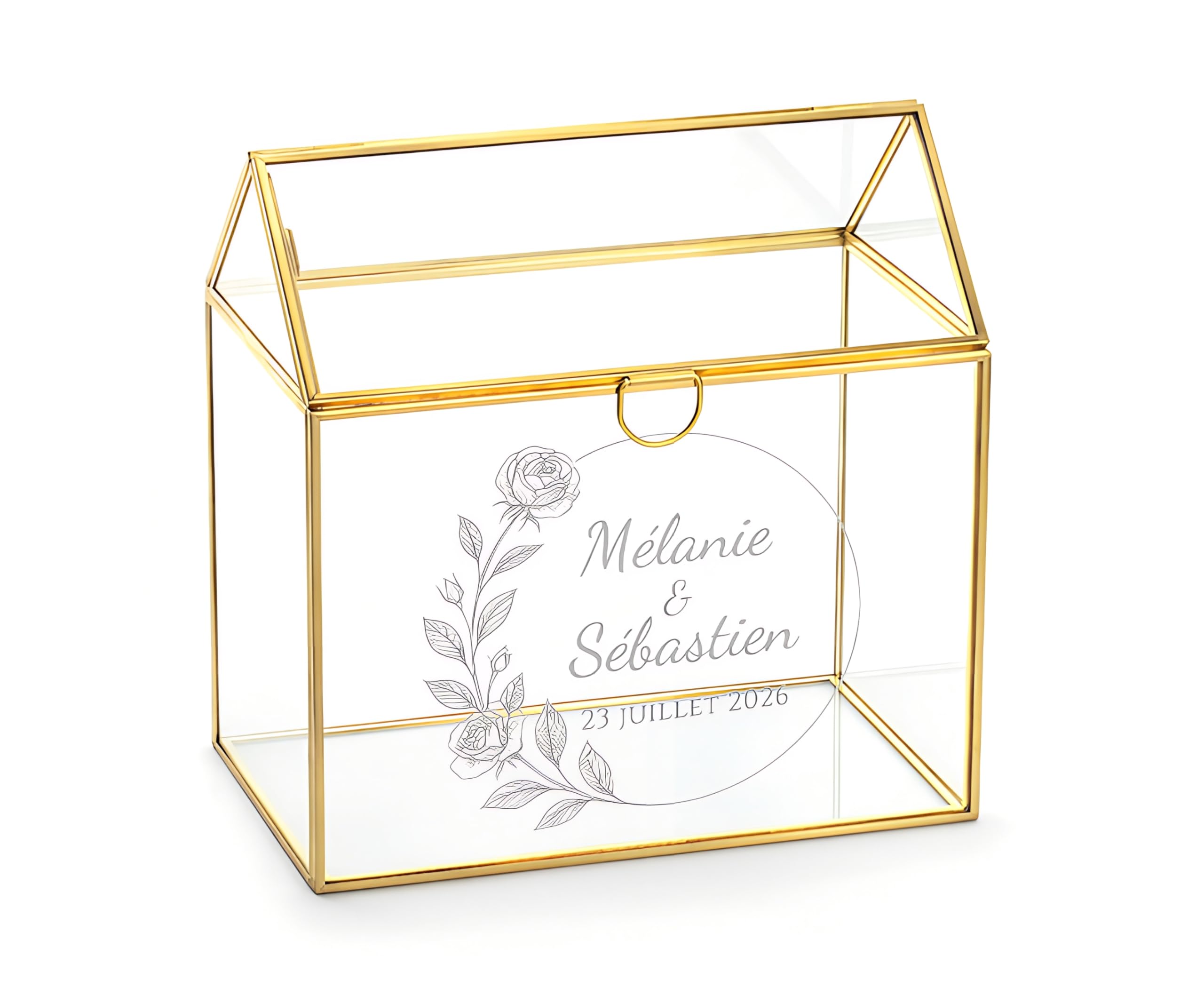 Générique Urne de Mariage en Verre et Métal Doré, Forme Maison, 21 x 21 x 13 cm, Personnalisable avec Gravure Florale