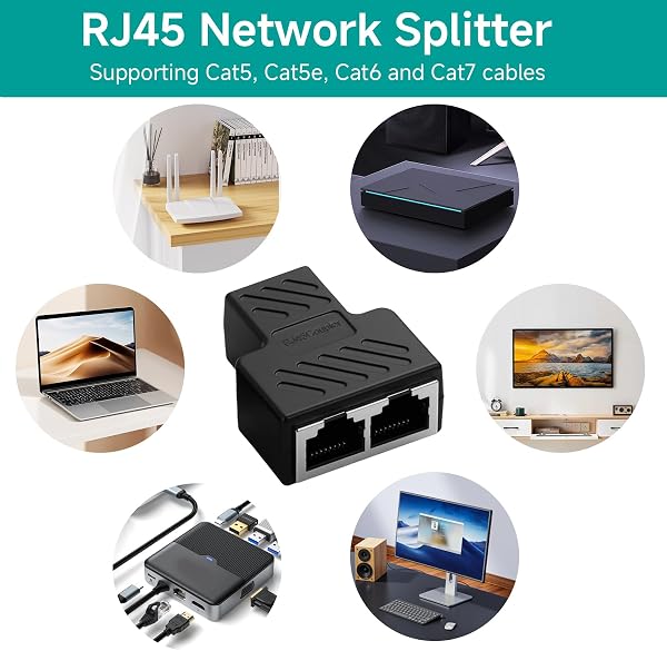 2 Piezas Empalme RJ45 1 a 2, Duplicador Ethernet Splitter Sin Corriente Divisor RJ45 para Cables Cat5 5e 6 7 8, Duplicador RJ45 para Computadora Enrutador, Ladron Ethernet 100Mbps Conectar y Usar - 5