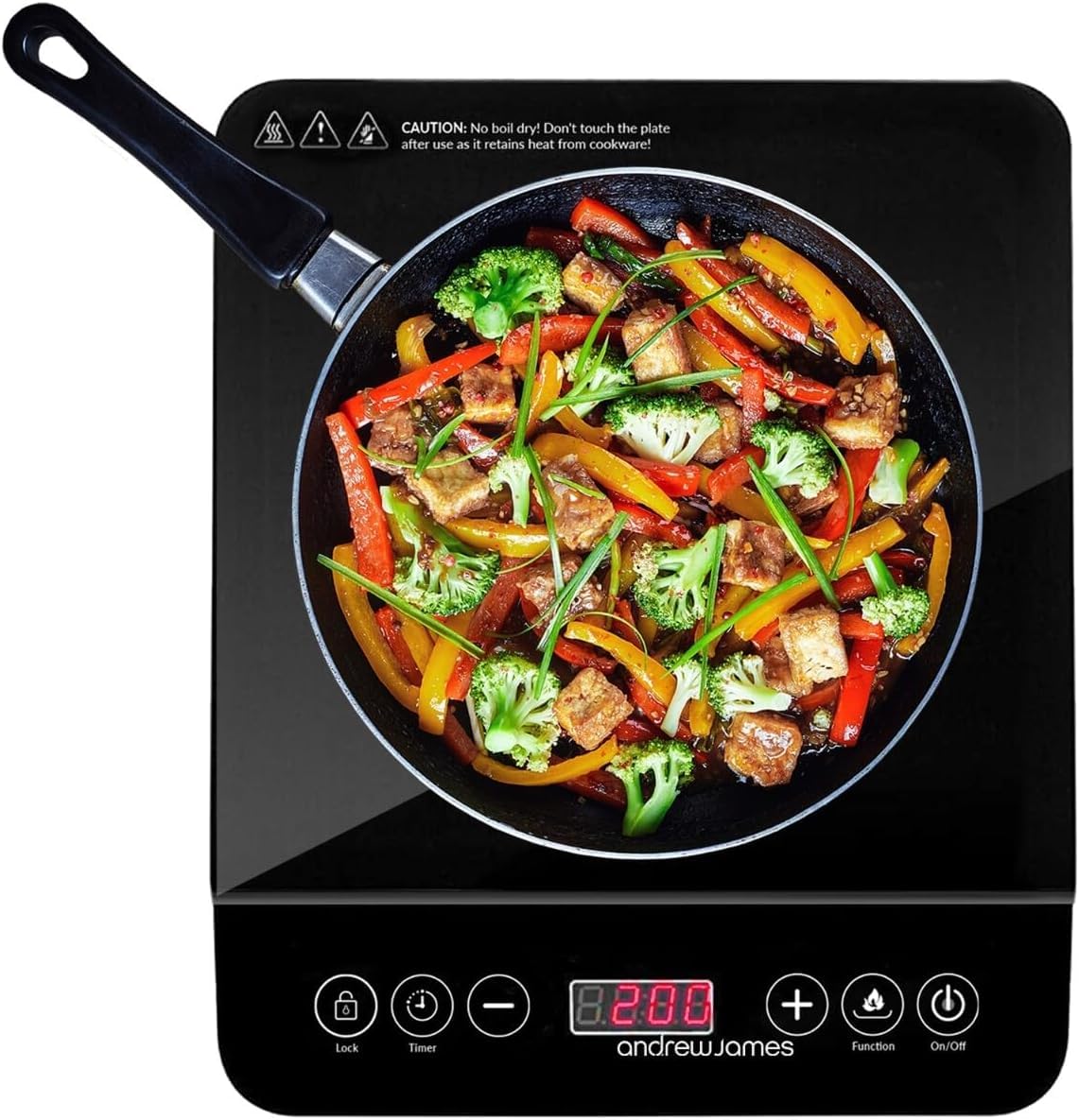 Andrew James Induction Hob Cooker 2000W, Portable Electric Hob with Hot Plate | Electric Induction Cooker with Touch Controls & 10 Heat Settings, Portable Stove (Single Black)