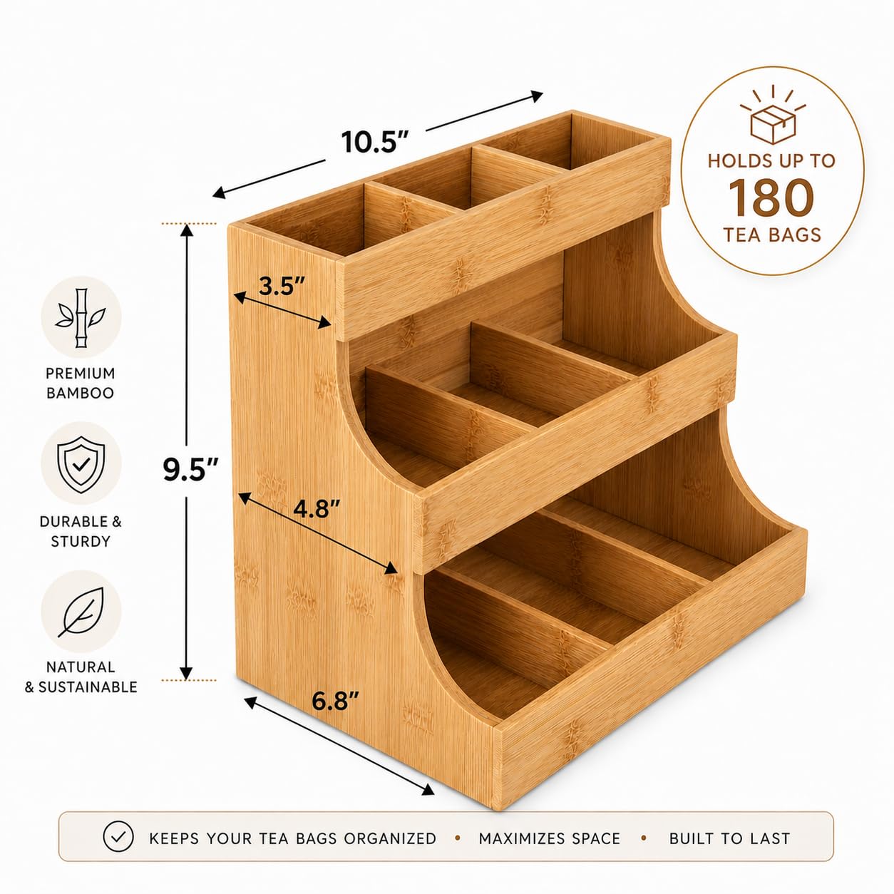 Theodore Organisateur de Sachets de Thé en Bambou - Contient 180 Sachets - Boîte Élégante pour Maison, Bureau ou Café - Aussi pour Sucre et Crèmes