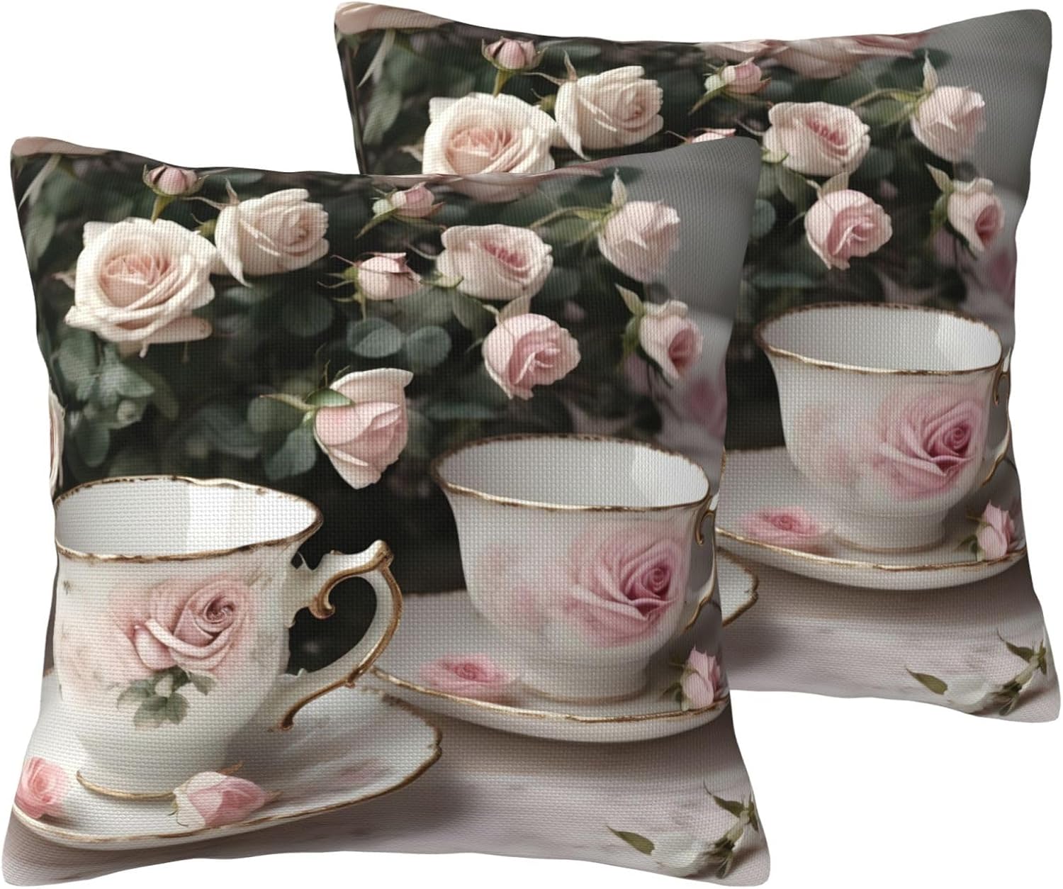Tea Cups with Roses Romantic Shabby Imitation Linen Pillowcase -2 Sets, Fashionable Home Decoration, Used for Sofas, Gardens, beds