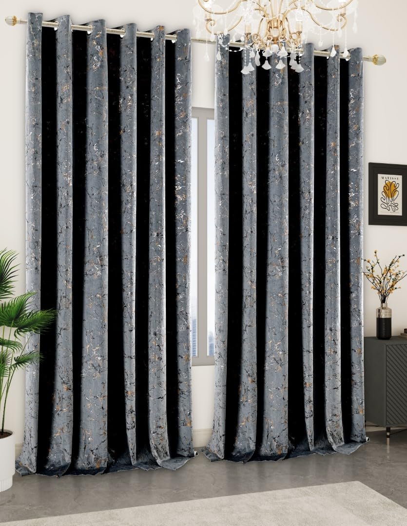 PRIME LINENS Velvet Eyelet Curtains for Bedroom Living Room Super Soft Glitzy Velvet with Metallic Print Ring Top Window Curtain Pair Panel (Glitzy Grey, W 46" X L 72")