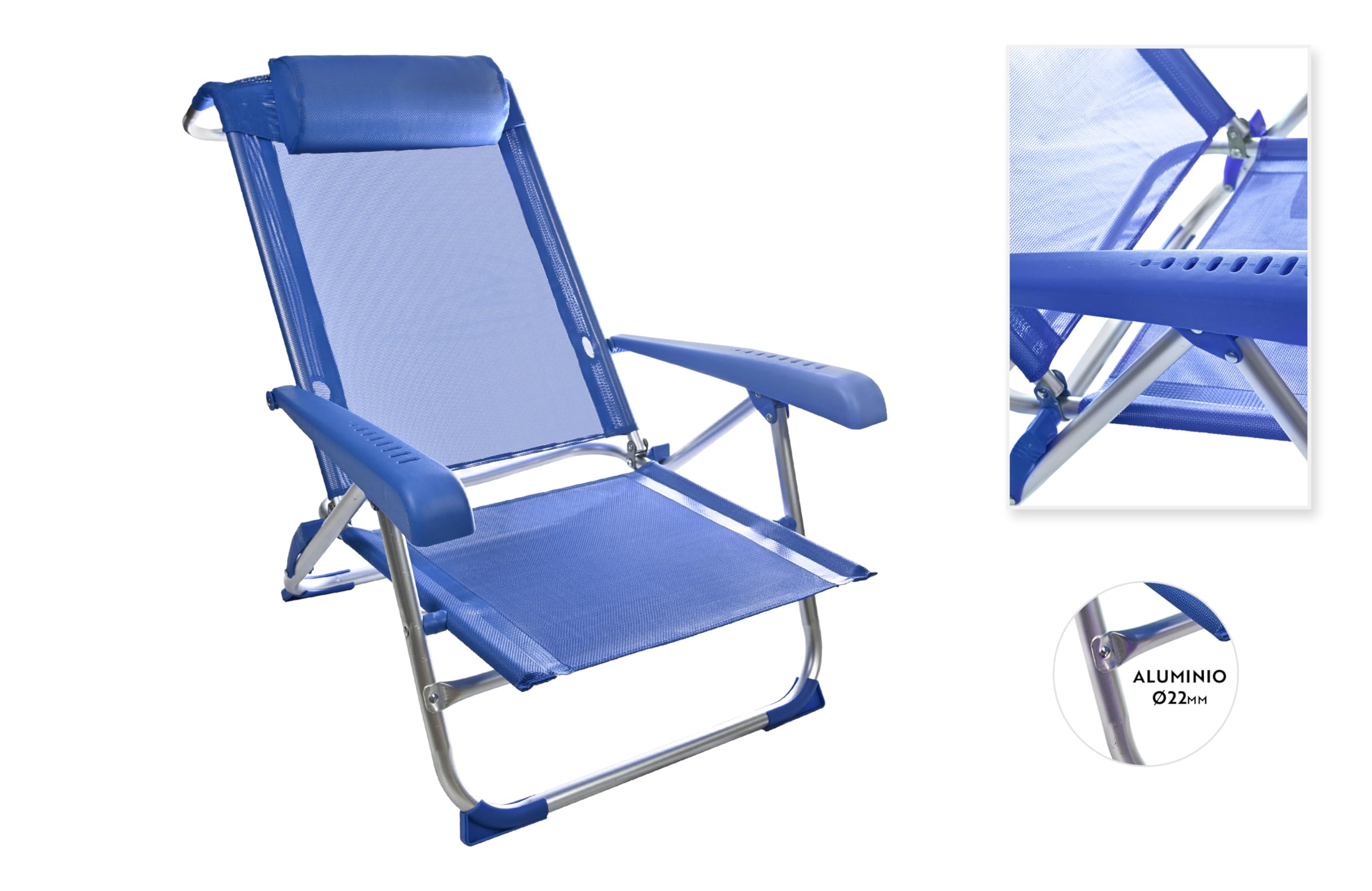 HERSIG - Silla Playa Plegable - Silla Plegable Ligera - Sillas para Playa - Sillas Reclinables con Reposacabezas - Ideales para Verano y Camping - Fácil de Transportar - Azul