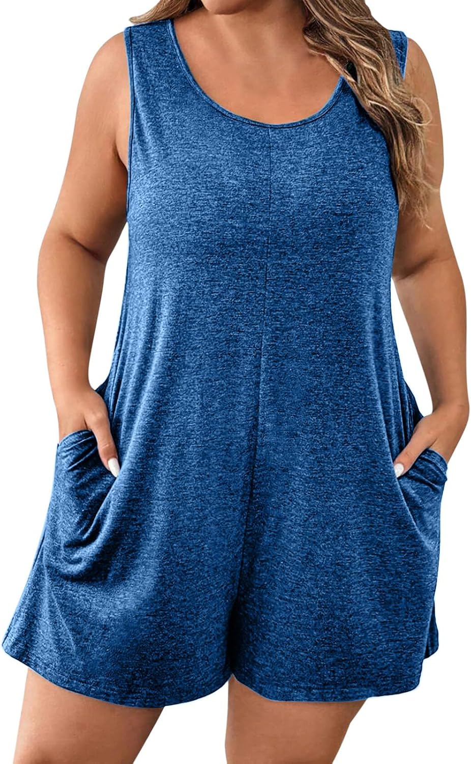 FZYLQY Womens Plus Size Jumpsuits 2026 Summer Short Overalls Casual Loose Solid Sleeveless Crewneck Rompers with Pockets