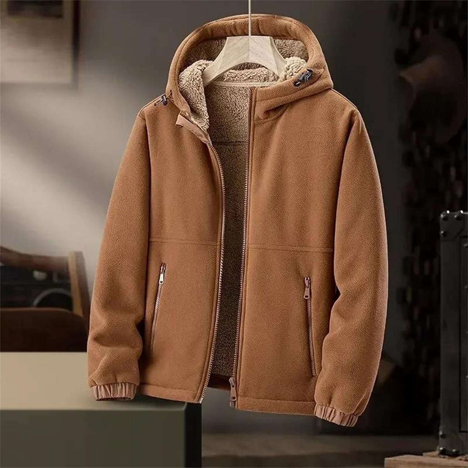 Men’S Winter Plus Size Fleece Lined Jacket Solid Color Thick Warm Hooded Coat Casual Loose Outerwear