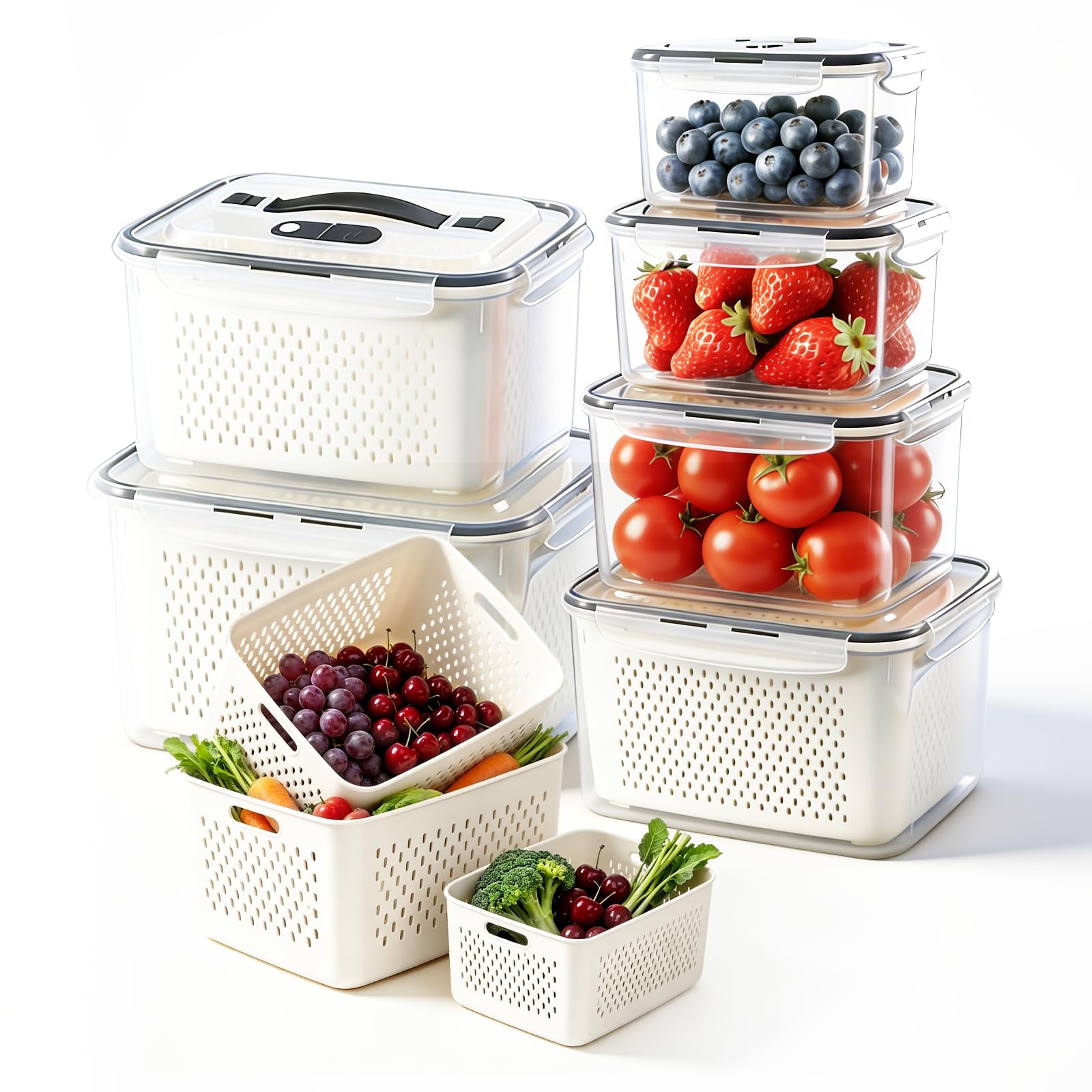 Contenitori Frutta e Verdura 6 Pezzi,Contenitori Ermetici con Coperchio e Scolapasta,Organizer Frigorifero Impilabile Senza BPA, Scatole Alimentari con Manico e Scomparti,Ideale per Frigo e Meal Prep