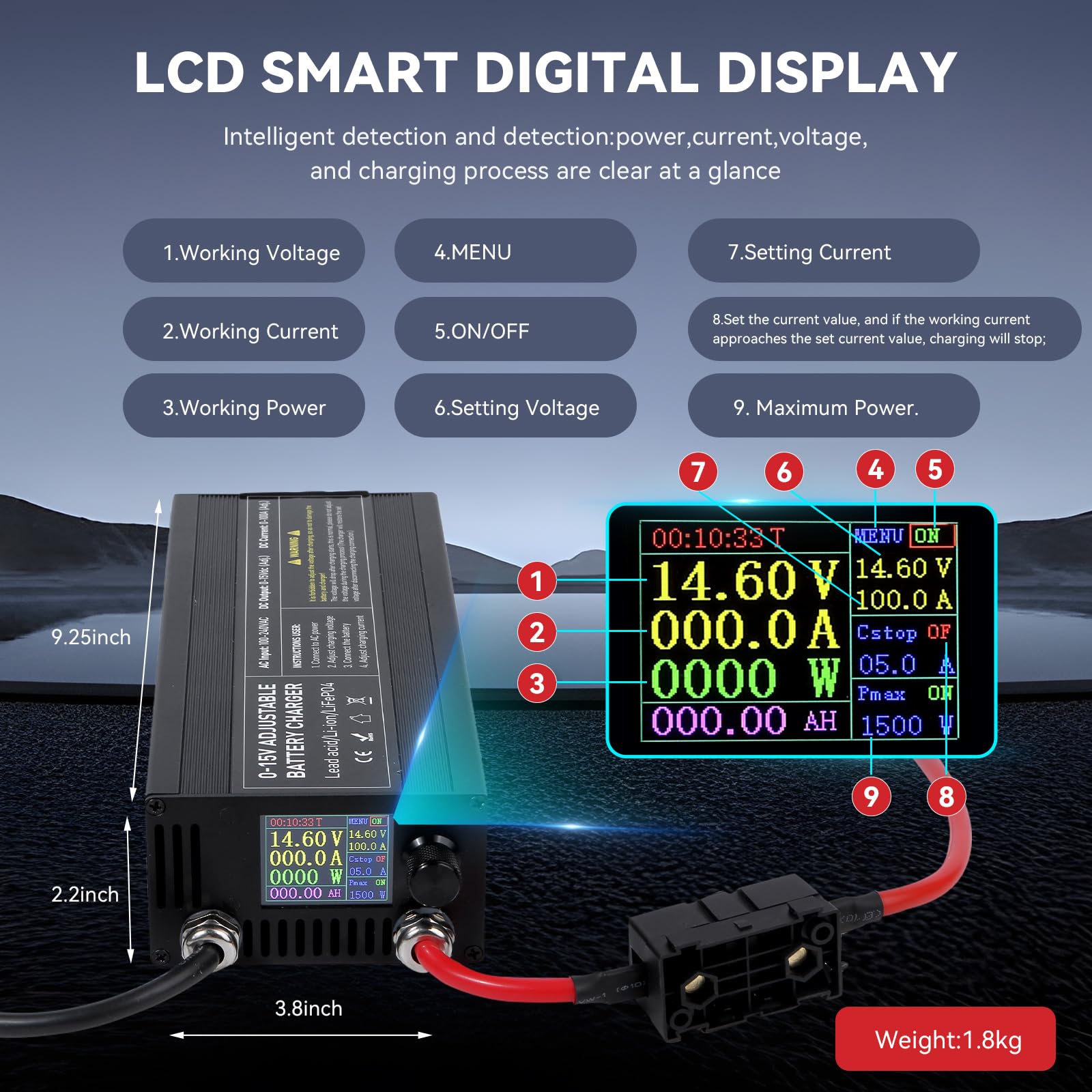 Cargador de Batería LiFePO4 12V/14.6V 100A con Gran Pantalla LED Inteligente, Adecuado como Cargador para baterías de automóvil, Motocicleta, cortacésped, yate y Barco
