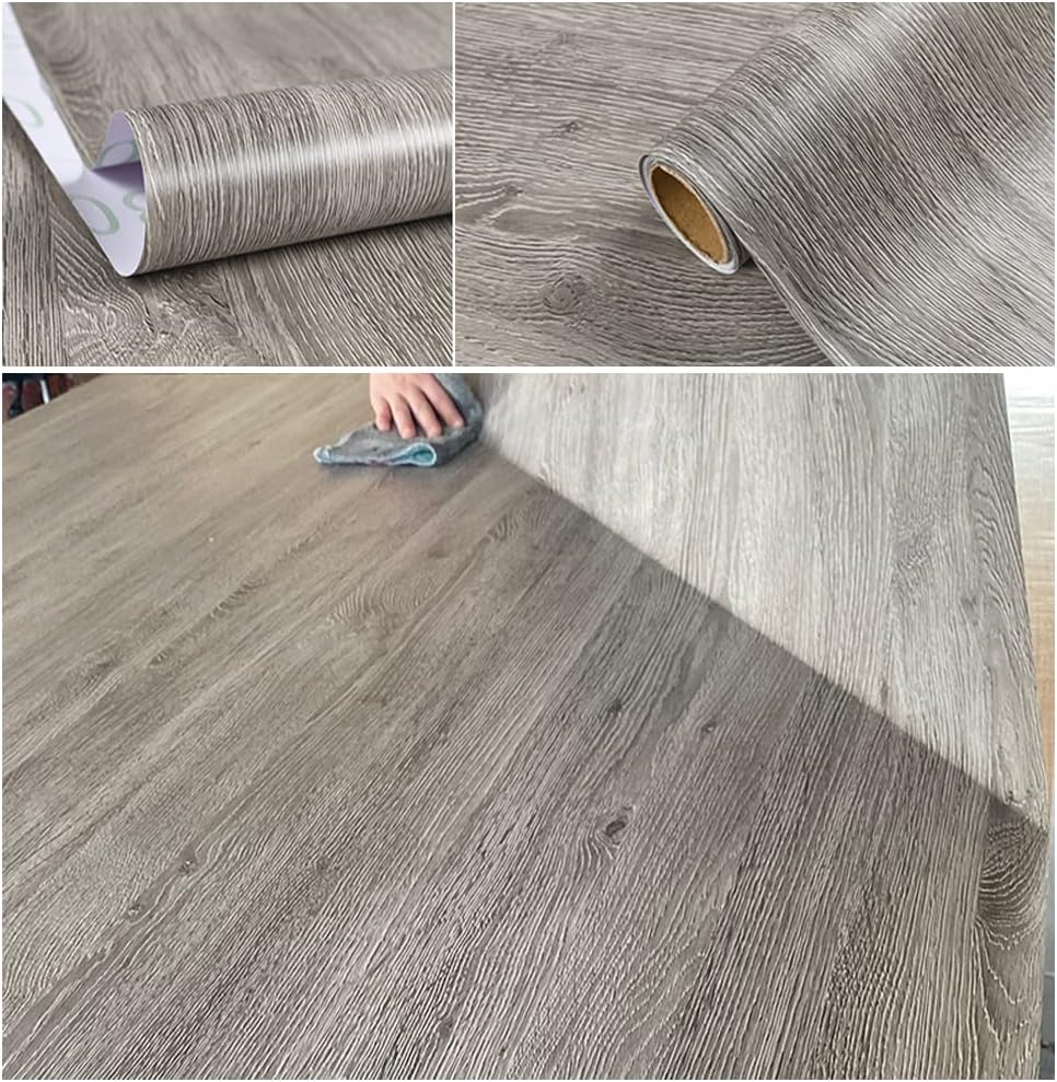 Self Adhesive Vinyl Film Retro Wood Look Furniture Sticker Paper Wallpaper for Kitchen Cabinets Shelves Cupboard Table Desk Countertop Walls Furniture Crafts Removable Waterproof 40CMX2.5M (Grey Oak)