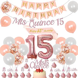 Cheereveal 15th Birthday Decorations for Girls Rose Gold, Mis Quince 15 Banner Cake Topper, Quinceanera Decor, Cheers to 15 Years Decorations Number 15 Foil Balloon for Fifteen Birthday Party