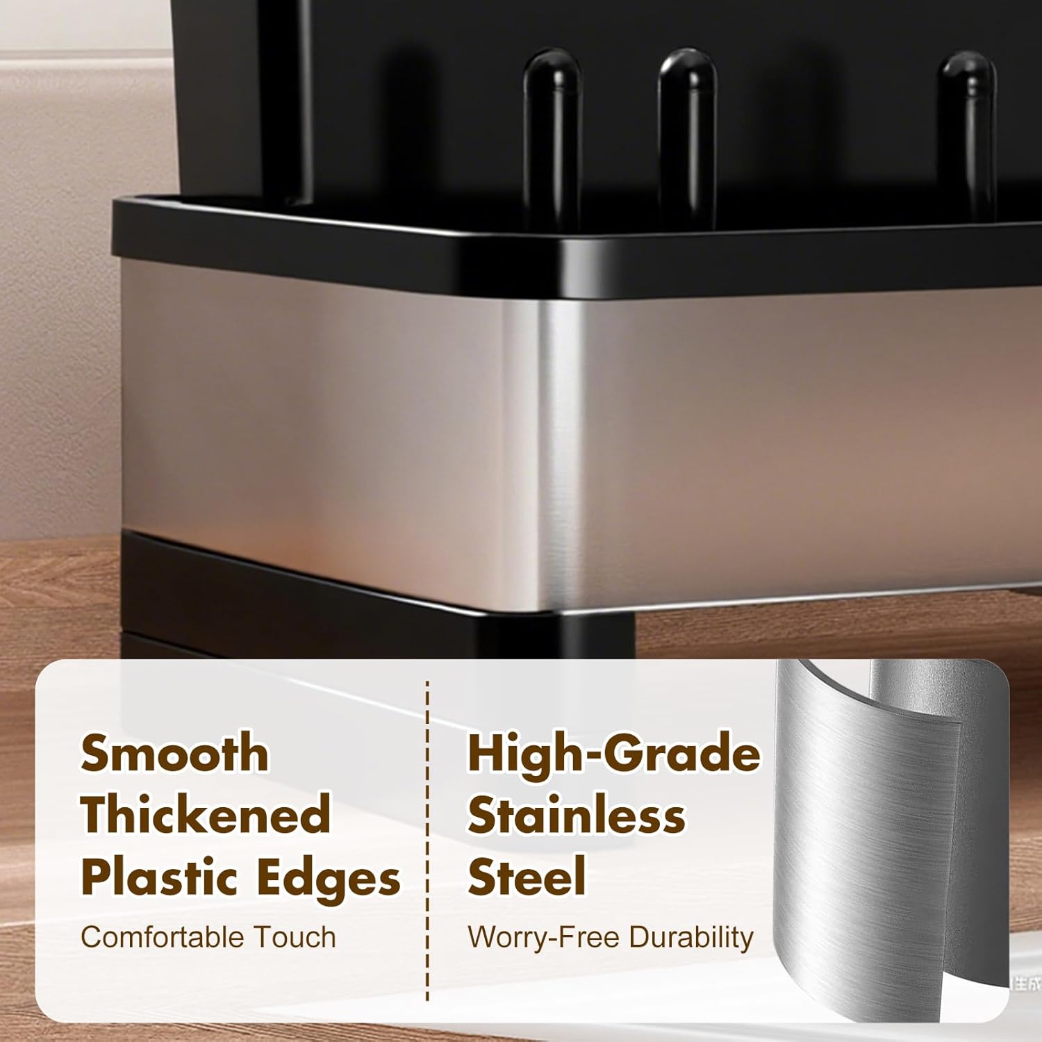 Sponge Holder for Kitchen Sink, Stainless Steel Sink Caddy with Brush Holder, Dishcloth Rack and Holds Soap Dispenser, Auto-Drain Rustproof Countertop Organizer (Black) - Image 6