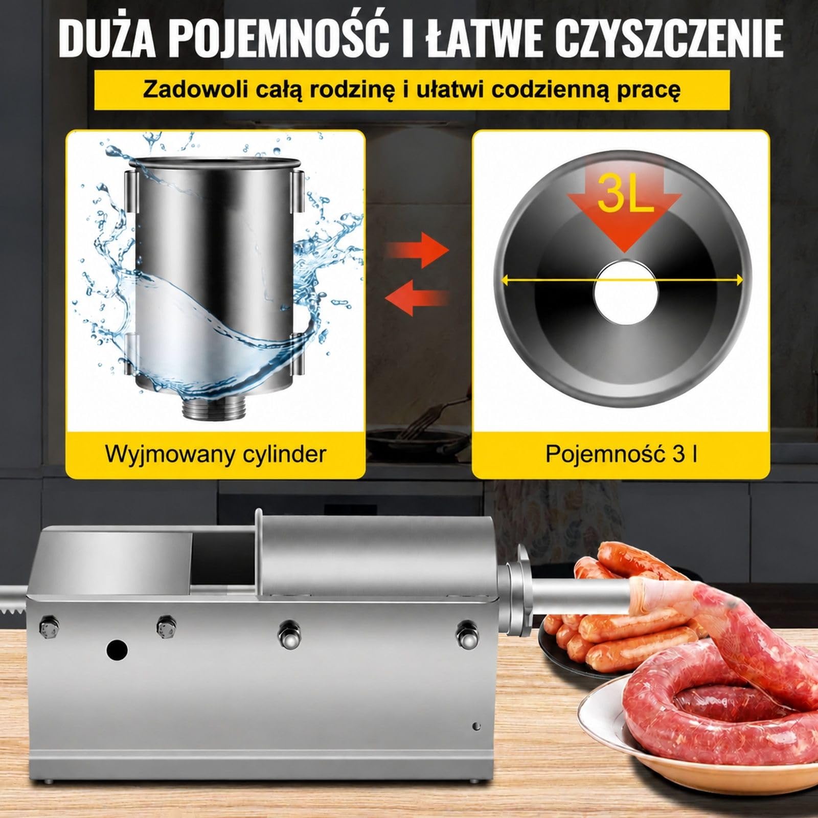 Ręczna pozioma nadziewarka do kiełbas 3 l ze stali nierdzewnej z 5 lejkami do kuchni