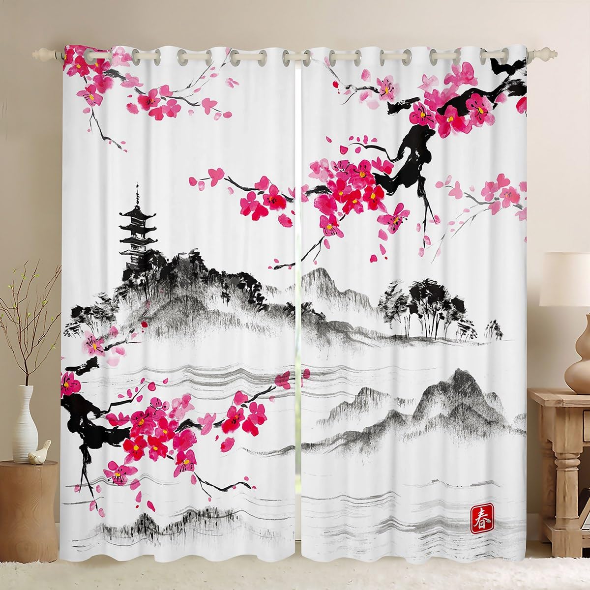 Homemissing Cherry Blossoms Curtains for Bedroom Living Room for Kids Japanese Style 30%-50% Blackout Curtains Sakura Flower Window Drapes Decor Floral Botanical Pink Window Treatments W46*L72 — image 1