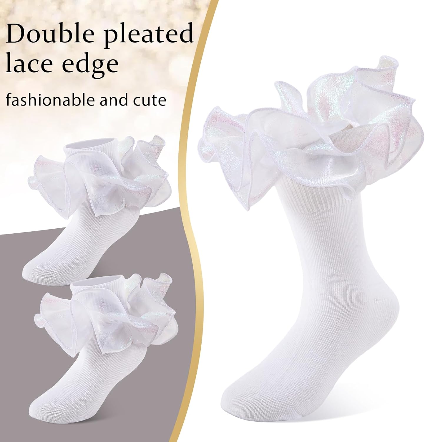 Girls Ruffle Socks Toddler Girl Gold Silver Glitter Double Lace Frilly Dress Socks Turn Cuff Sparkling Pageant Sock - Image 4