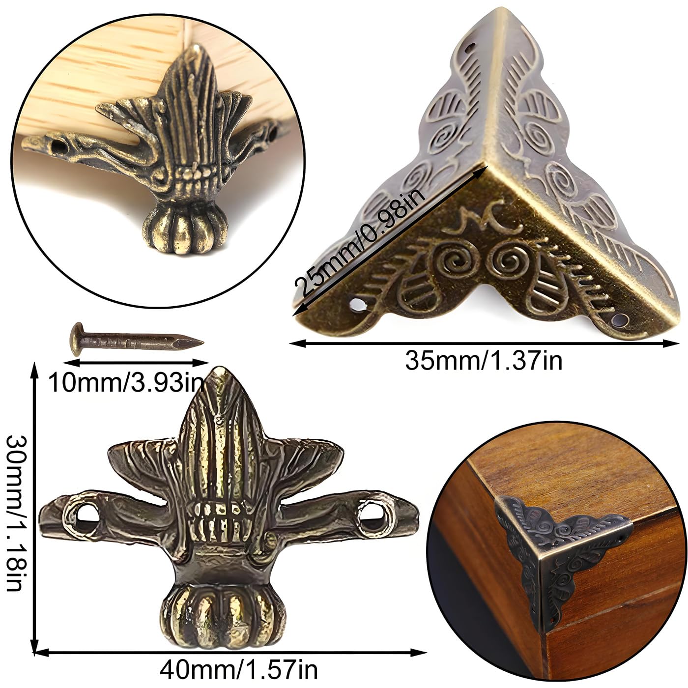 Set Di 4 Cerniere Decorative In Ferro Bronzo Anticato – Angolari Per Forzieri, Bauli E Cassette Di Legno, Misura 68x11 Mm