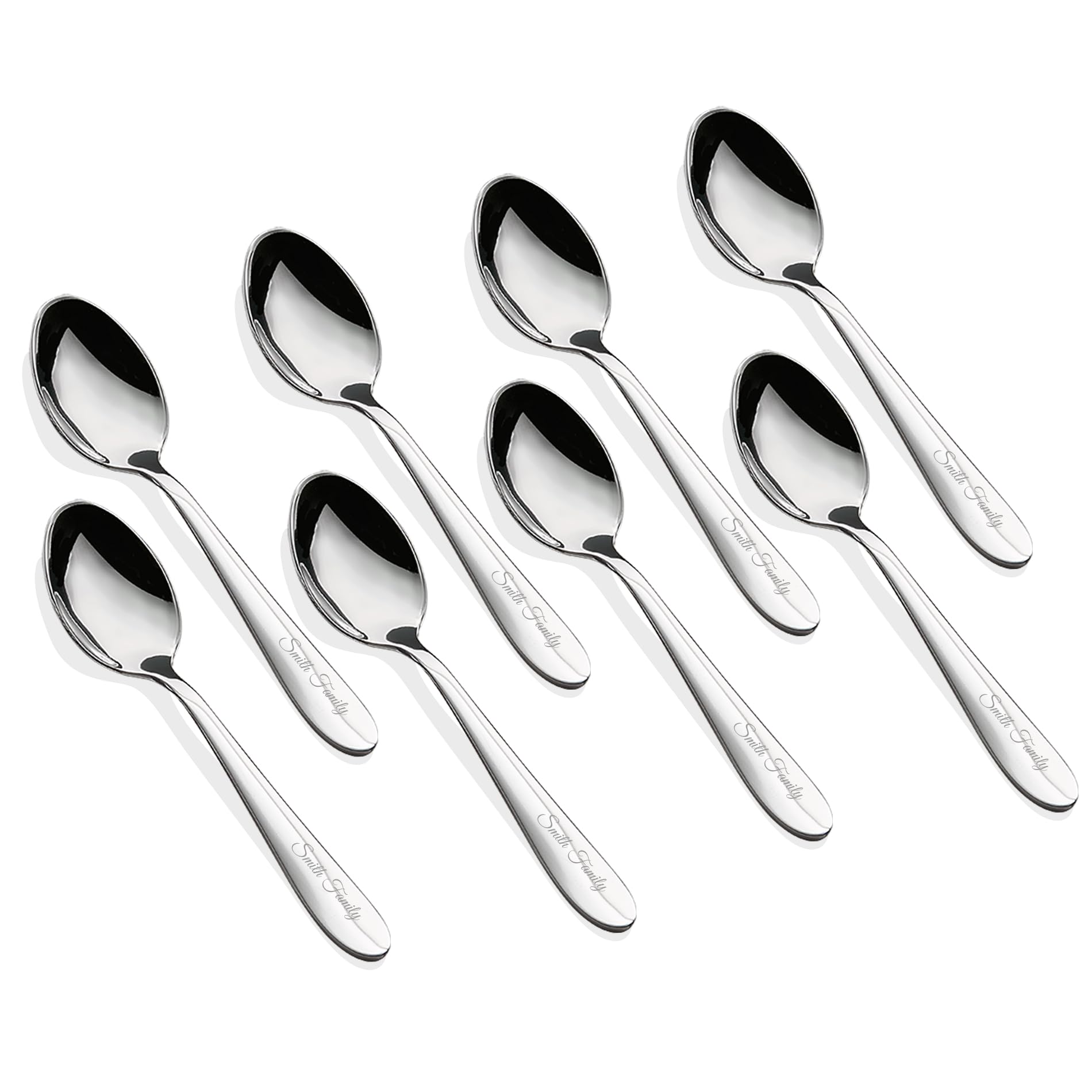 EIUBUIE Personalized Teaspoons Set, 8-piece Custom Text Engraved Spoons Silverware, 18/0 Stainless Steel Dessert Spoons, Durable Small Spoons, 6.22 Inch Tea Spoons, Dishwasher Safe