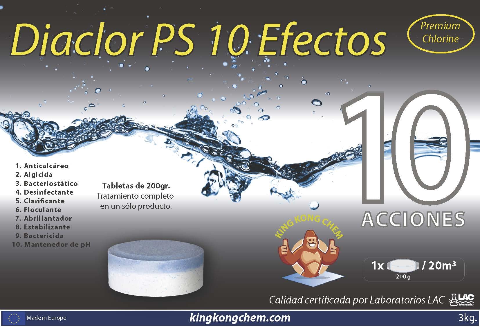 Cloro Total para Piscinas DIACLOR PS 10 Efectos 3 KG - 30 Pastillas de Cloro Multiacción (100 gr) - Tratamiento Completo Profesional 10 Acciones -