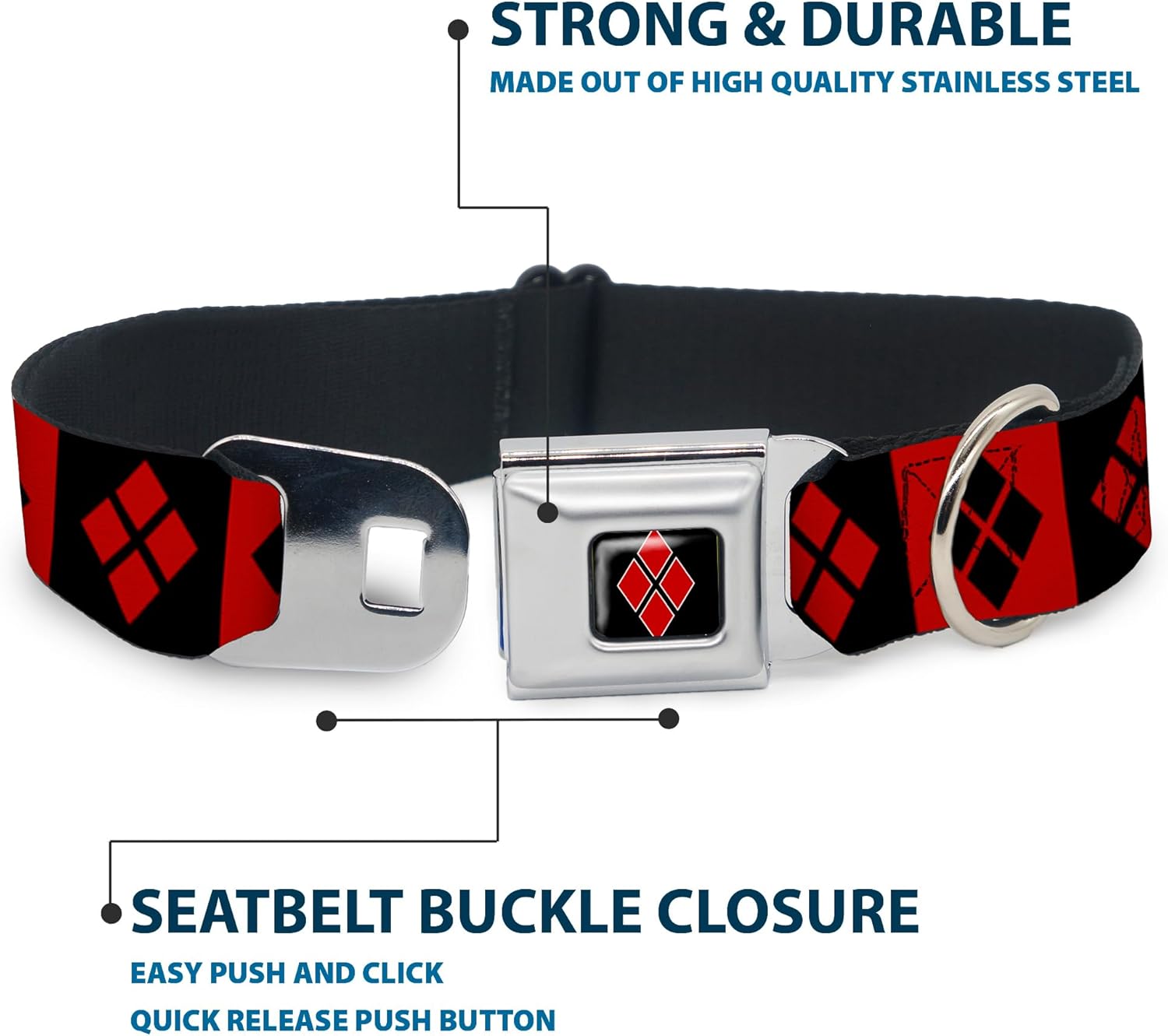 Dog Collar Seatbelt Buckle Harley Quinn Diamond Blocks Red Black Black Red 9 to 15 Inches 1.0 Inch Wide, Multicolor