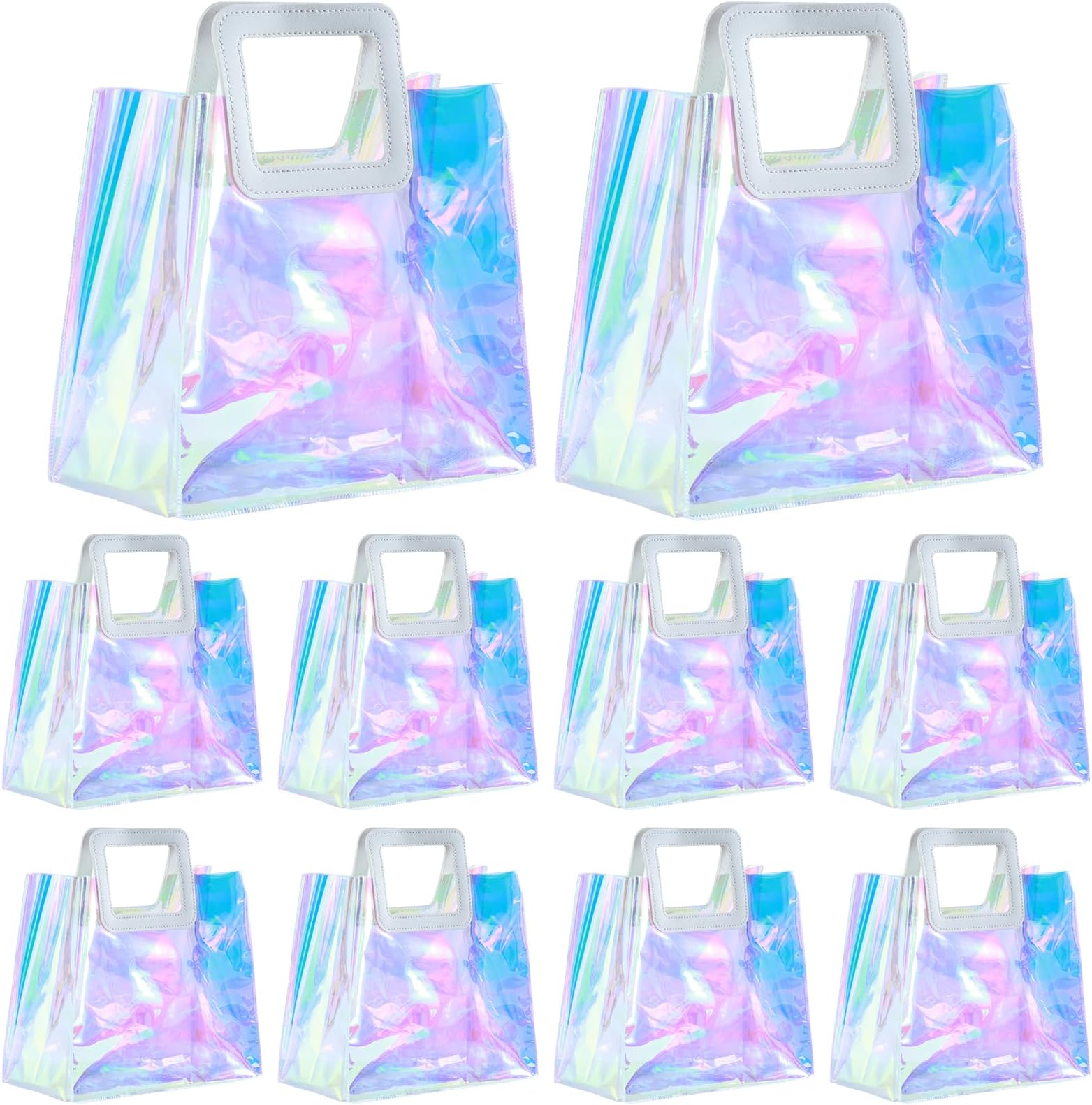 10 Pcs Reusable Holographic Medium Gift Bags with Handle 11''x9.8''x5.7'' Iridescent Bachelorette Party Favor Bags Clear PVC Tote Goodie Bags for Shopping, Picnics, Baby Showers, Weddings, Holidays