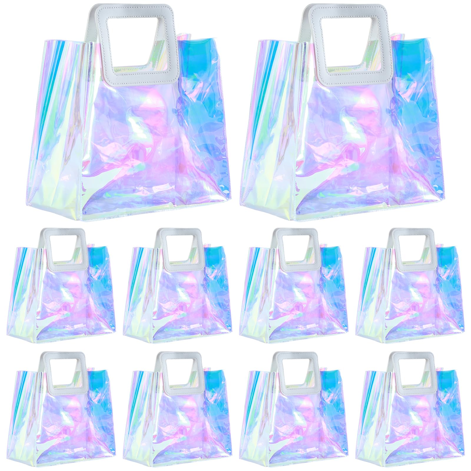 10 Pcs Reusable Holographic Medium Gift Bags with Handle 11''x9.8''x5.7'' Iridescent Bachelorette Party Favor Bags Clear PVC Tote Goodie Bags for Shopping, Picnics, Baby Showers, Weddings, Holidays