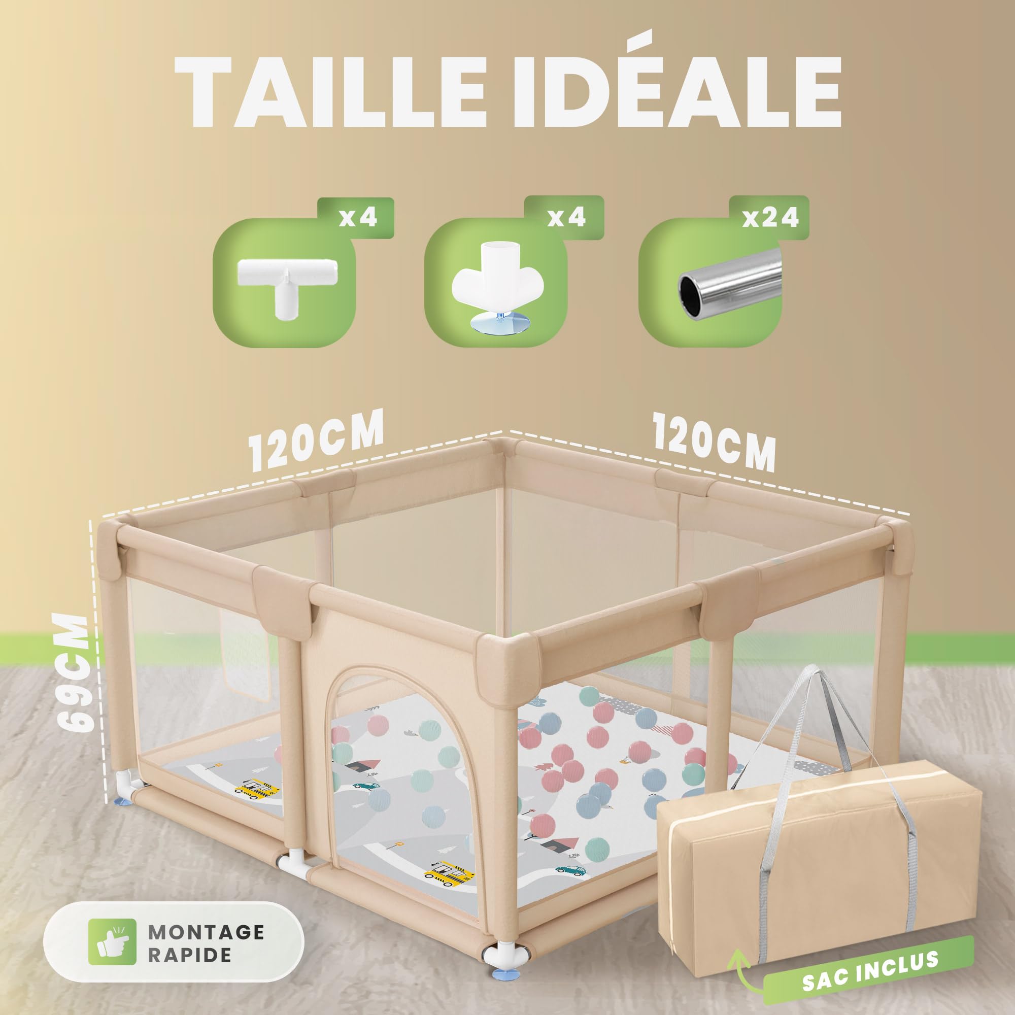 JUPPLIES Parc Bébé Sécurisé 120×120 cm – Aire de Jeu Carrée pour Enfant 6-24 mois, Filet Respirant 360°, Structure Stable Antidérapante (Beige avec tapis + balles)