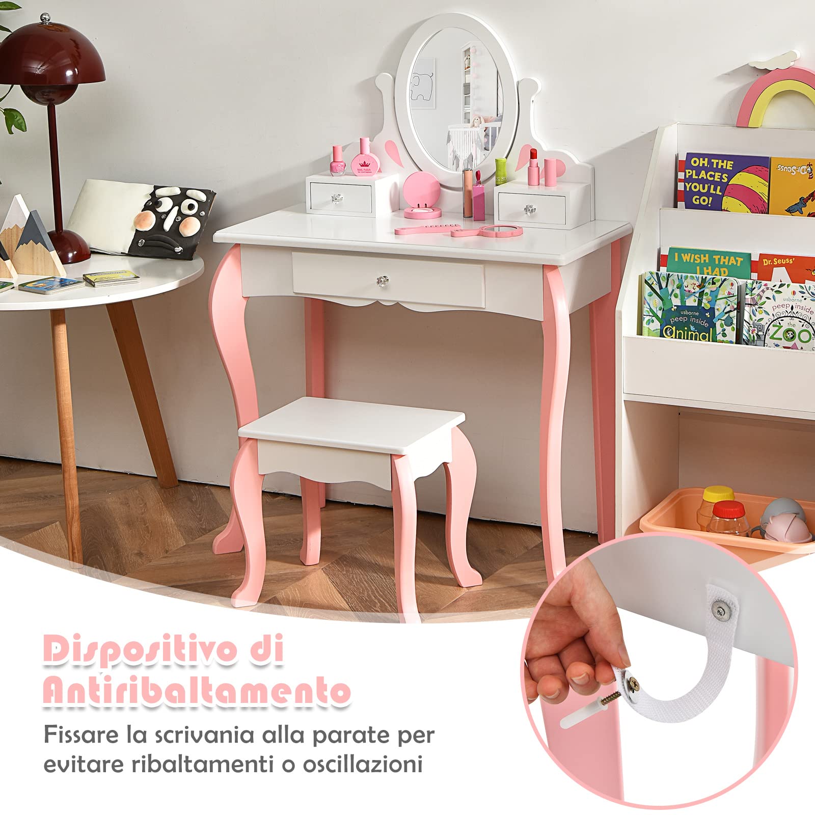 COSTWAY Toeletta Trucco 2 in 1 per Bambina, Specchiera Staccabile per Ragazza in Legno con Sgabello, Portapenni, Cassetto e Specchio Girevole a 360°, Postazione Trucco, 70 x 34 x 105cm (Bianco)