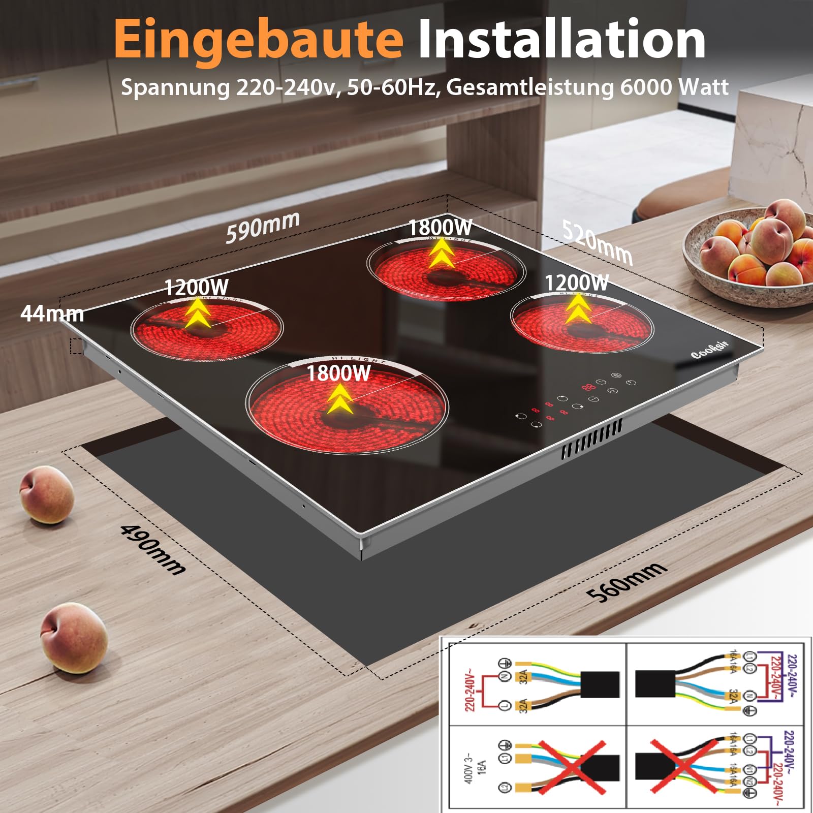 Glaskeramikkochfeld 4 Platten 60cm Einbau Kochfeld Autark 6000 Watt 9 Leistungsstufen Edelstahlrahmen Sicherheitsschloss 220V