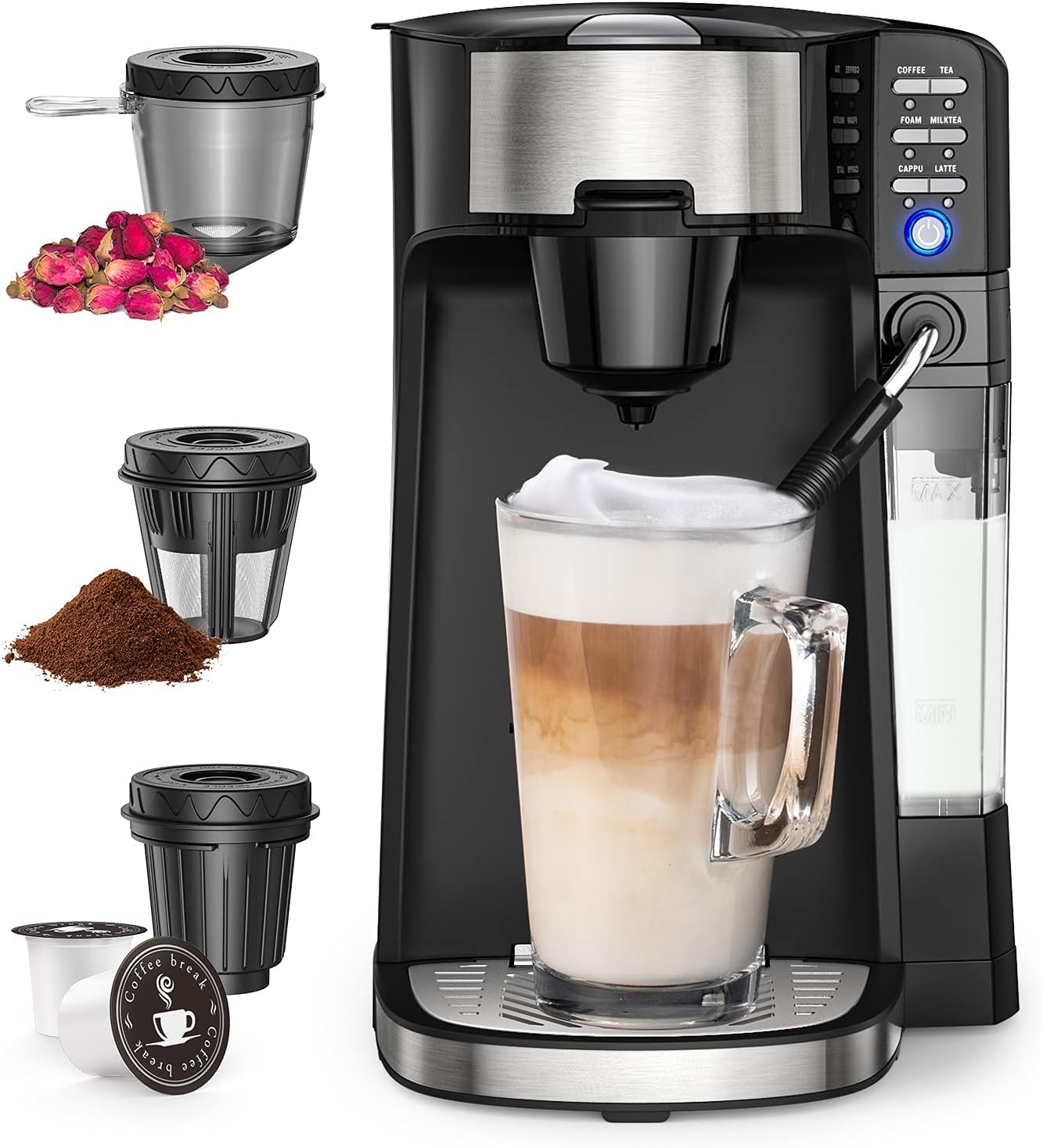 6 In 1 Coffee Maker With Milk Frother, Single Serve Coffee, Tea, Latte and Cappuccino Machine Compatible With Capsule & Ground Coffee, Compact Coffee Brewer with Dishwasher Safe Milk Frother Coffee Maker