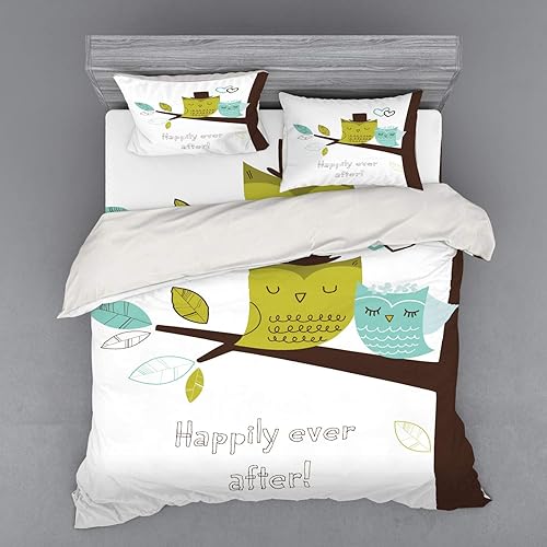 Miniatura 5 de Lunarable Owls Bedding Set, 2 Owls on Tree Branch Happily Ever After Message Romantic Art, 3 Piece Duvet Cover Set with Sham and Fitted Sheet, Twin