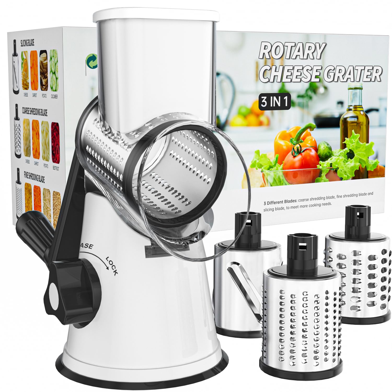 Cambom Rotary Cheese Grater Hand Crank Cheese Shredder for Fresh Cheese, Vegetable, Nuts,Non-slip Suction Base, Three Blades, Black White