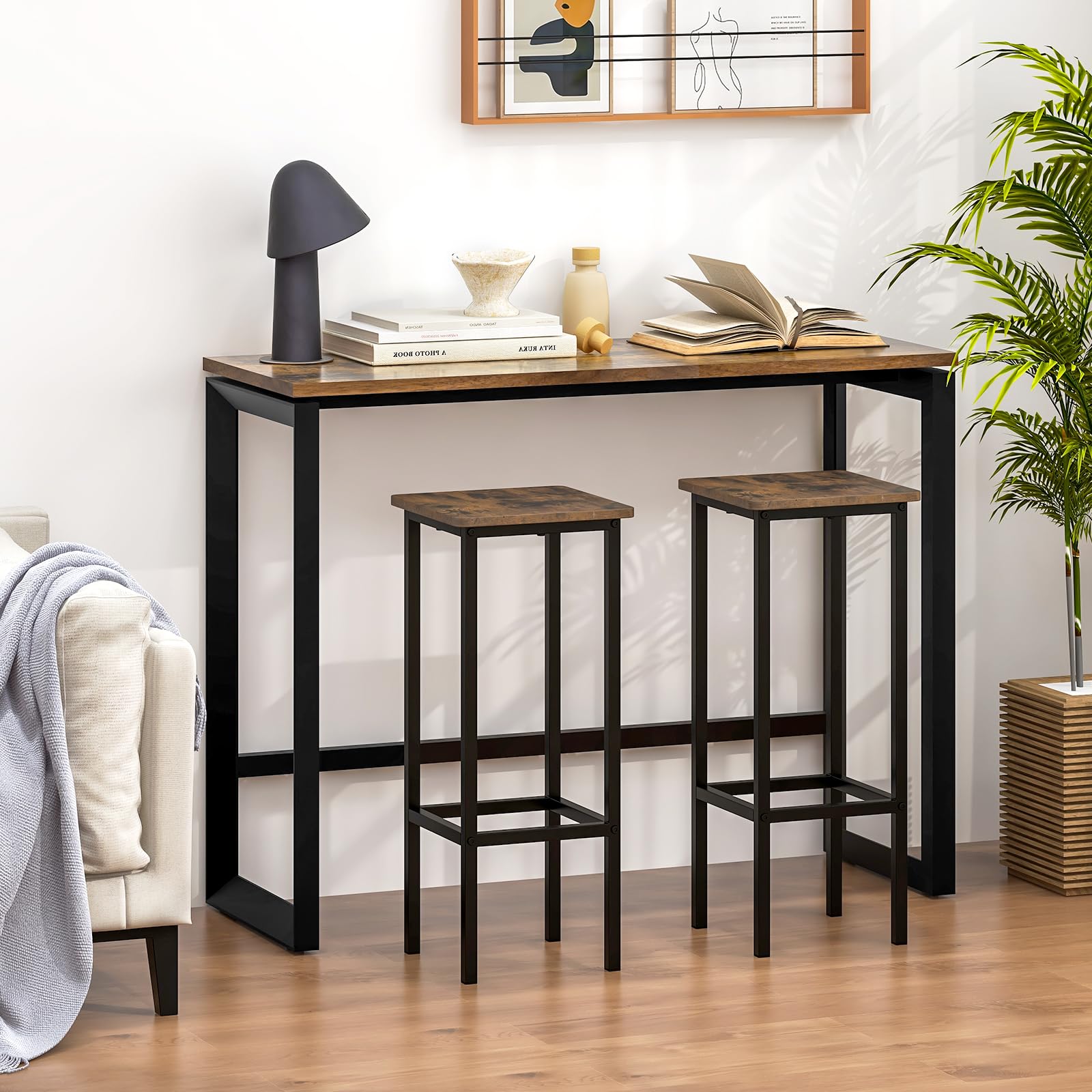COSTWAY Juego de 4 Taburetes de Bar, 30 x 30 x 72 cm, Silla de Comedor con Marco de Metal y Asiento de Madera, Taburete Alto para Comedor Cocina, Fácil de Montar (72 cm)