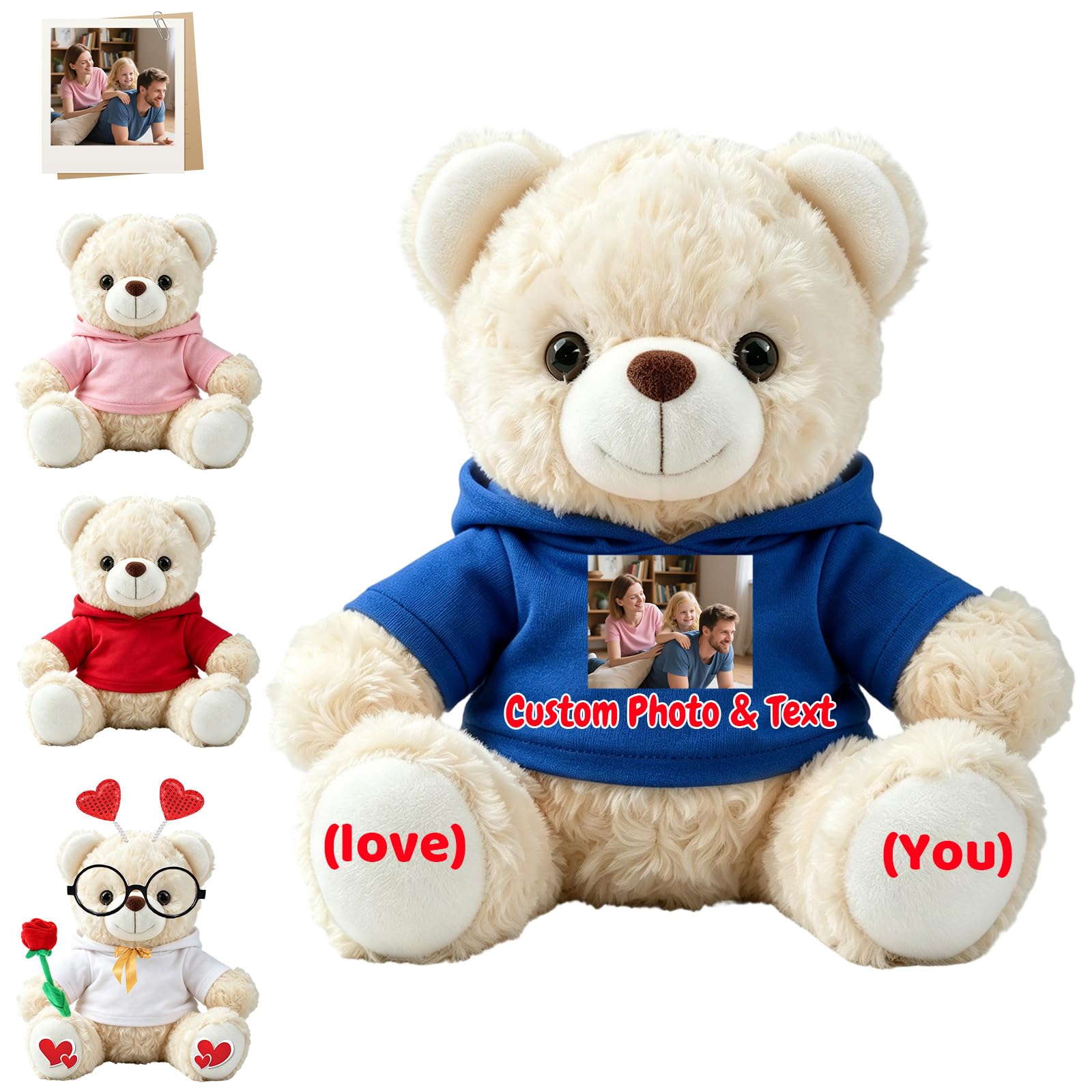 FAHOXUMR Custom Teddy Bear Stuffed Animal with Photo and Text for Boyfriend Girlfriend, 8 Inch Soft White Teddy Bear with Clothes as Gift for Valentine Christmas Anniversary Graduation
