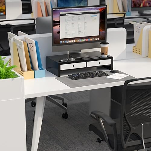Miniatura 4 de Soporte elevador para monitor con cajón, soporte para laptop blanco y negro, organizador de estante de escritorio de bambú para computadora, TV,