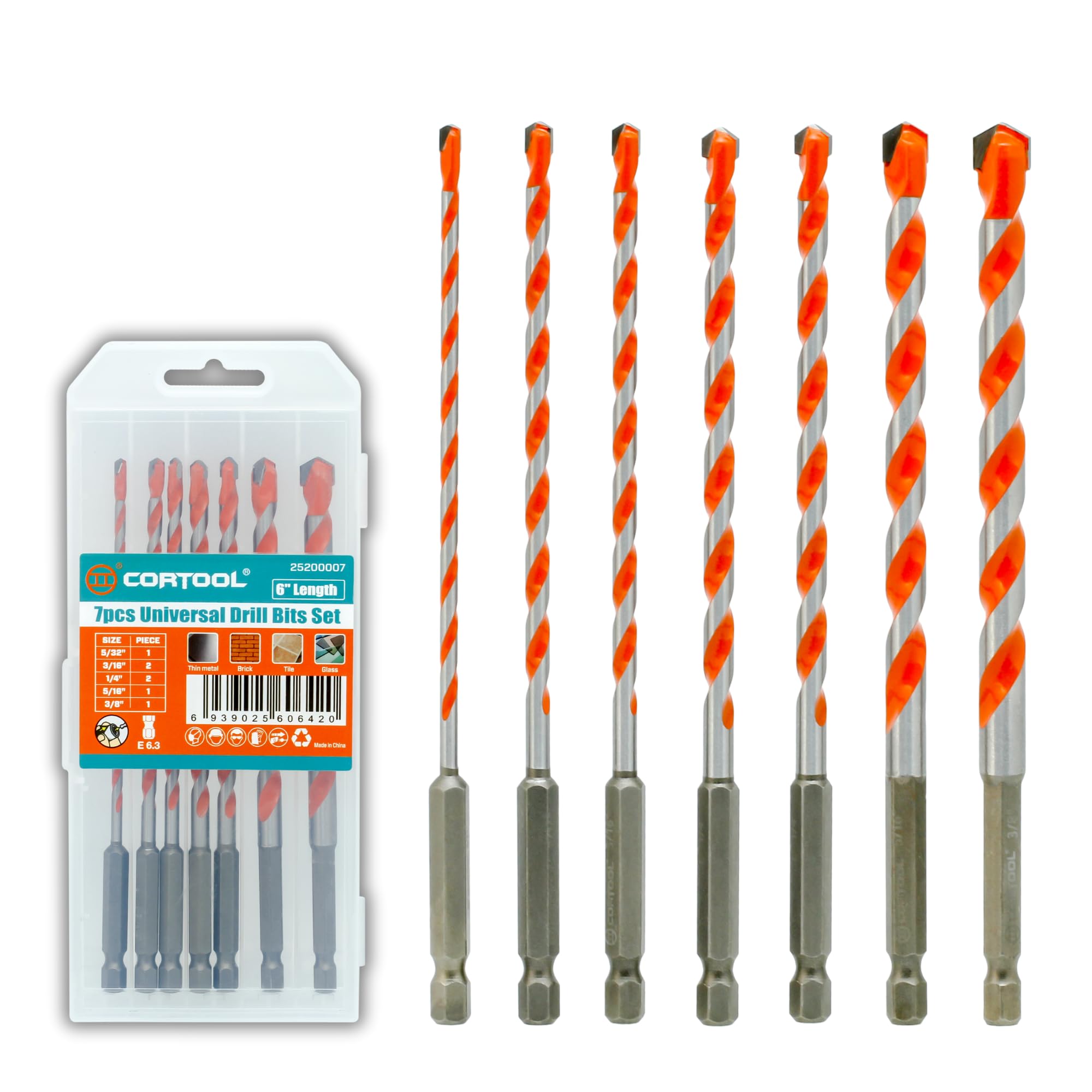 Cortool Masonry Drill Bits Set for Tile, Brick, Cement, Concrete, Glass, Plastic, Cinder Block, Wood, Fully Ground with Carbide Tips and Hex Shank