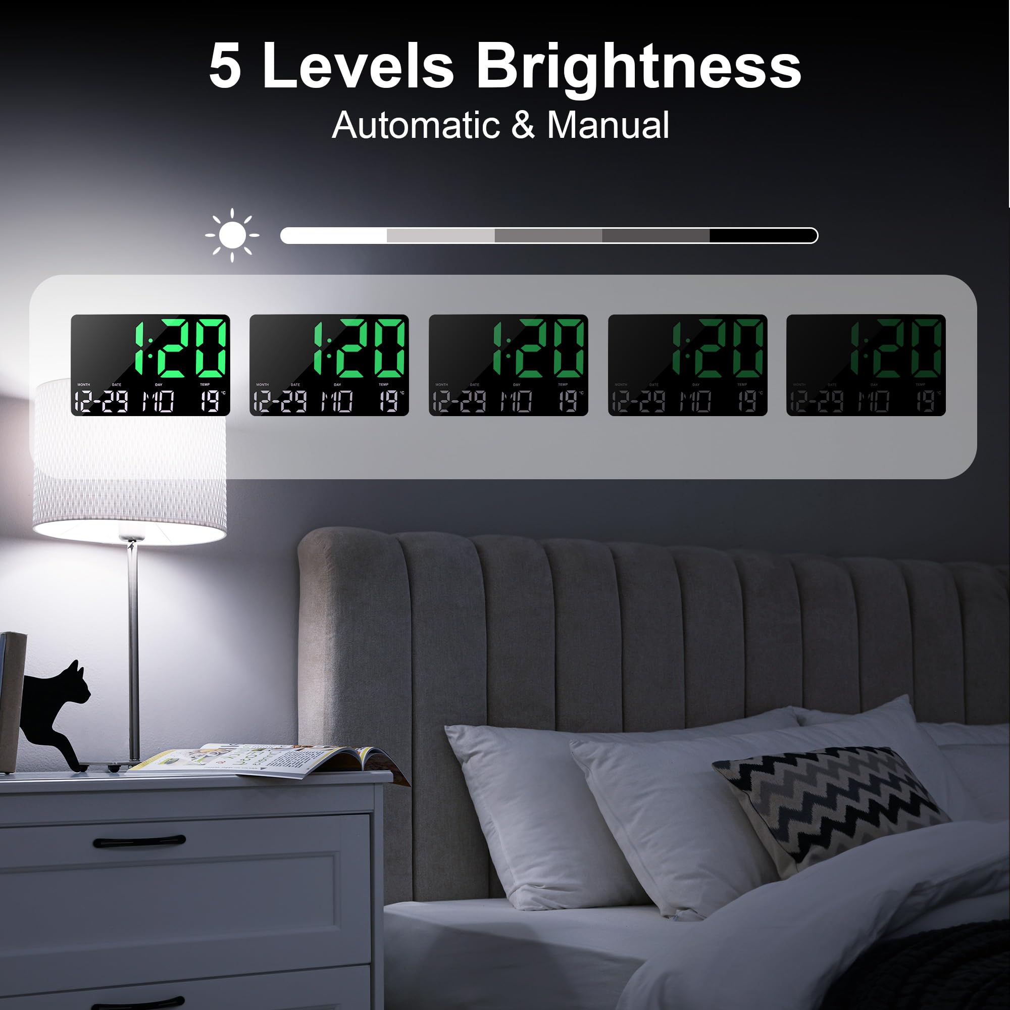 Lafocuse Horloge Murale Numérique LED 12" avec Télécommande, Température, Date, Alarme, Snooze, Luminosité Réglable, Vert