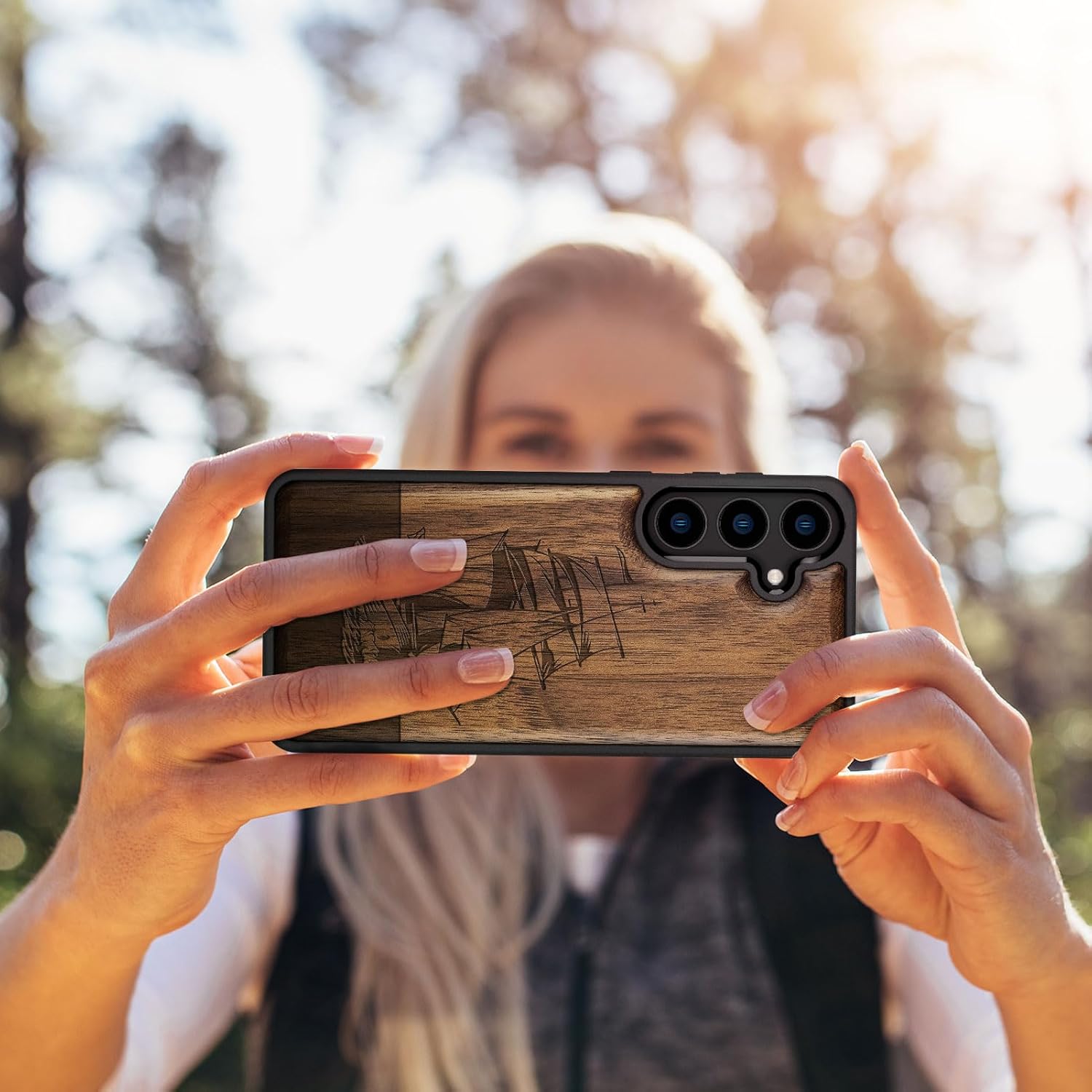 Carveit Wood Case for Galaxy S24 Plus Case [Natural Wood & Black Soft TPU] Shockproof Protective Cover Unique Wooden Design Compatible with S24 Plus (Sailing Spirit-Walnut)