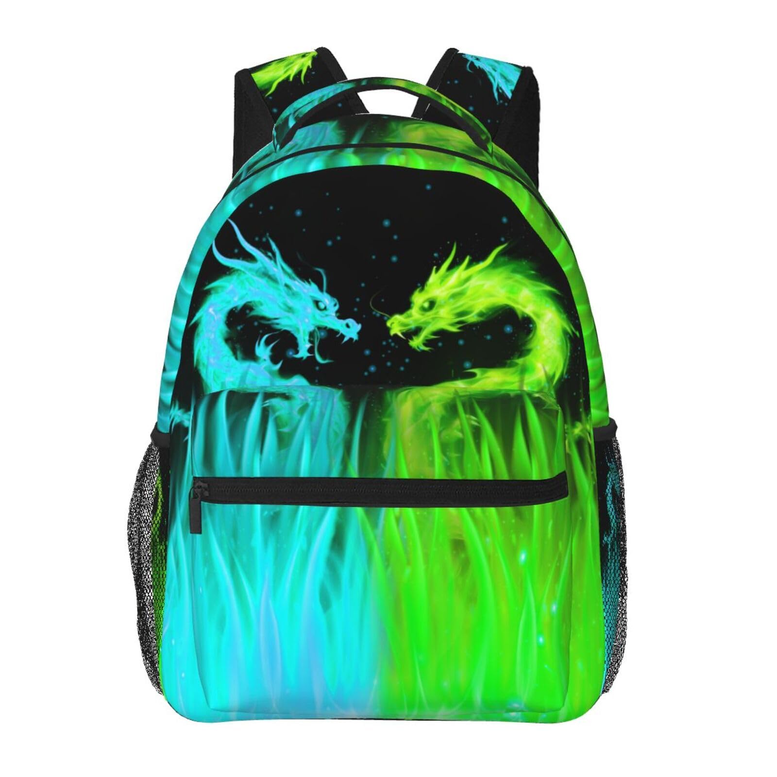 Giwawa Cyan and Green Dragon Backpack for Boys Ages 4-12 Cool Fire Flame Backpacks Animal Bookbag for 2nd 3rd 4th 5th 6th Grade Kids Girls Back to