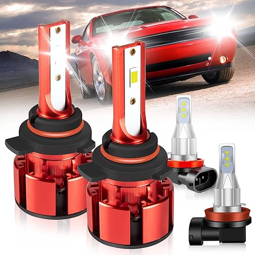 Compatible con luces LED DODGE CHALLENGER 2015-2020, 500% de brillo 9012HIR2 bombilla LED de luz alta y baja+luces antiniebla LED H11, 6500K blanco
