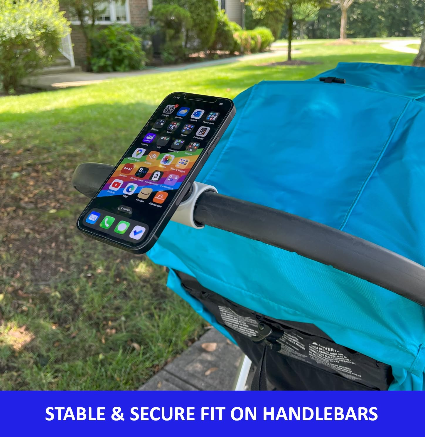 Soporte magnético para iPhone para manillares. Compatible con MagSafe. Ideal para carriola, Bicicleta estacionaria, Carrito de Compras, Carrito de Empuje.