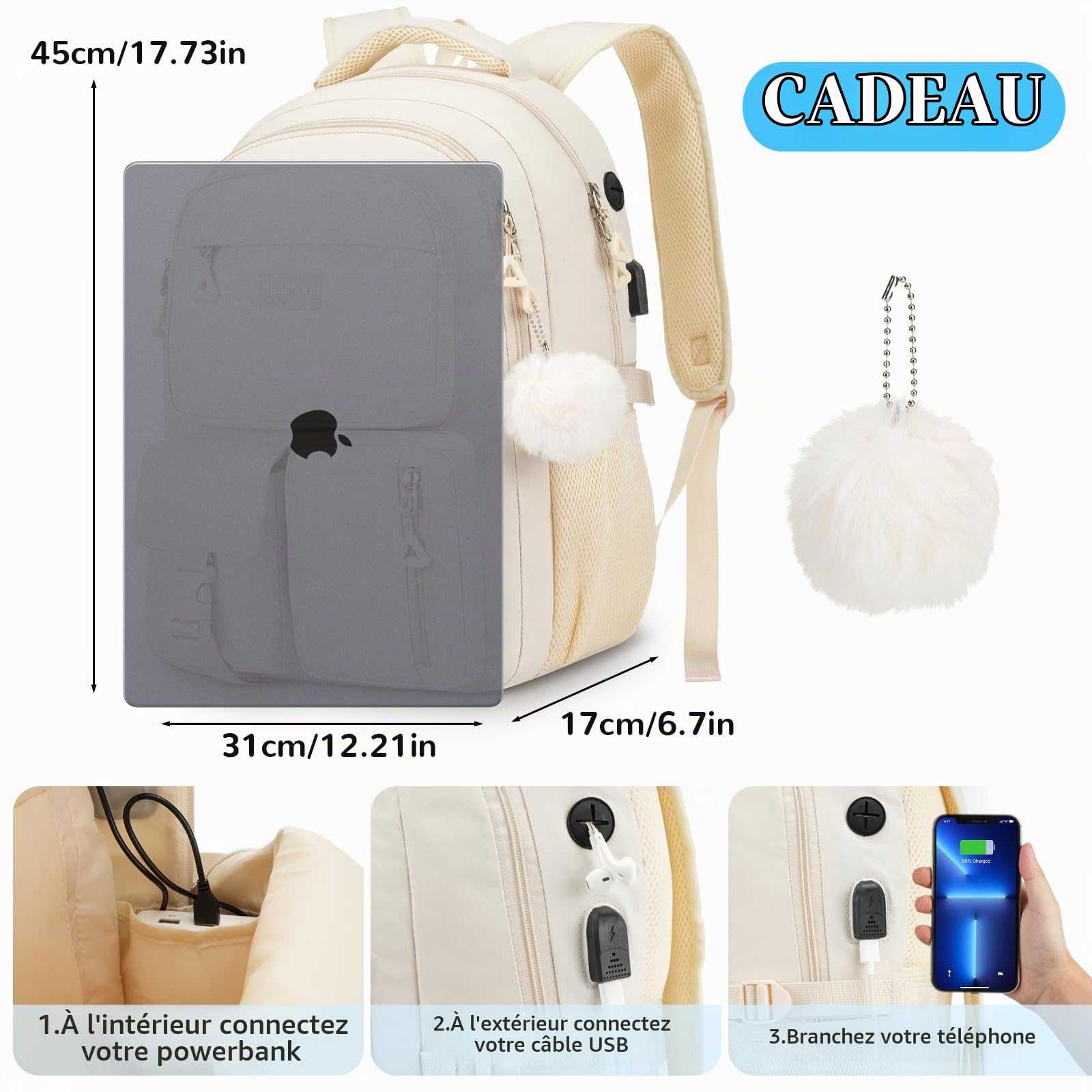 kadilong Sac École pour Fille College Lycée Scolaire Cartable Sac Université,Sac à Dos Ordinateur Portable Femme 15.6 Pouces pour Loisir Voyage Affaires
