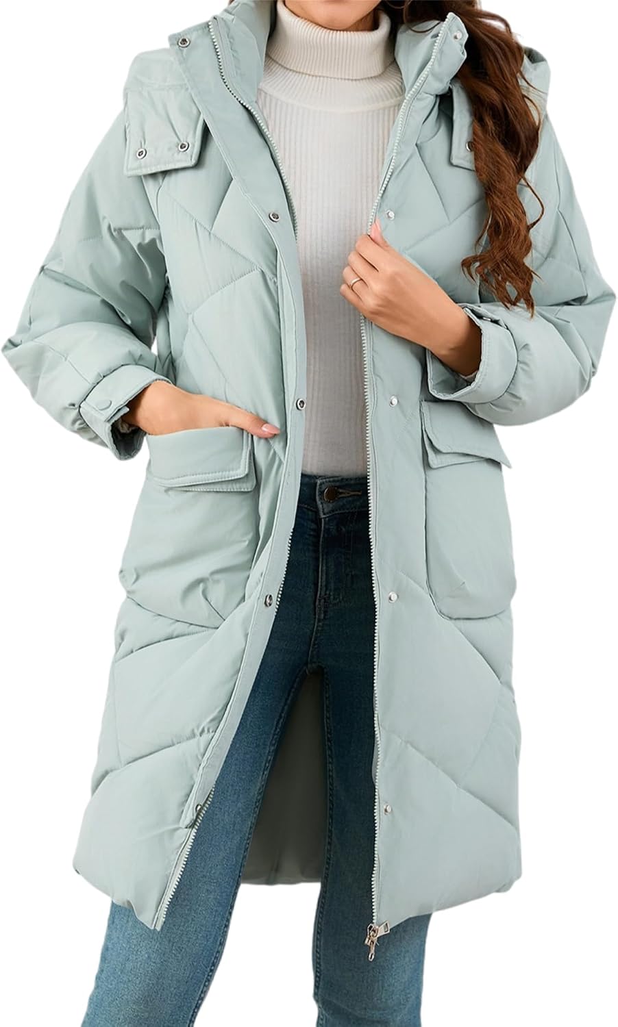 Womens Trendy Winter Coats Long Sleeve Down Coat Hooded Thickened Quilted Warm Maxi Parka Puffer Jackets Outerwear