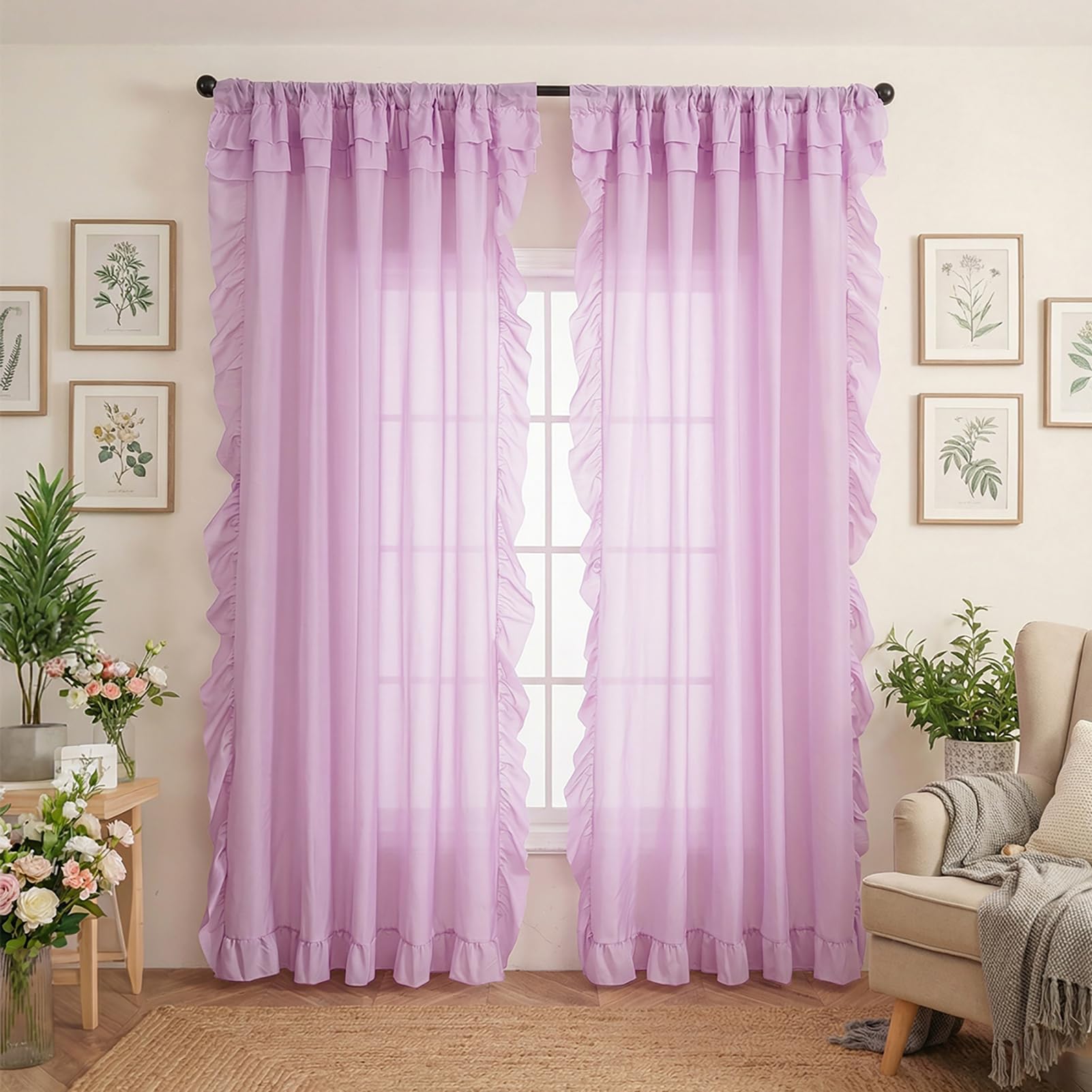 BOYOUTH Solid Color Sheer 2 Layer Valance Tulle Curtains with Ruffle Trim,Rod Pocket Voile Window Gauze Curtains Drapes for Kitchen Dining Room Cafe Decor,55 by 102 Inches,Light Purple,2 Panels