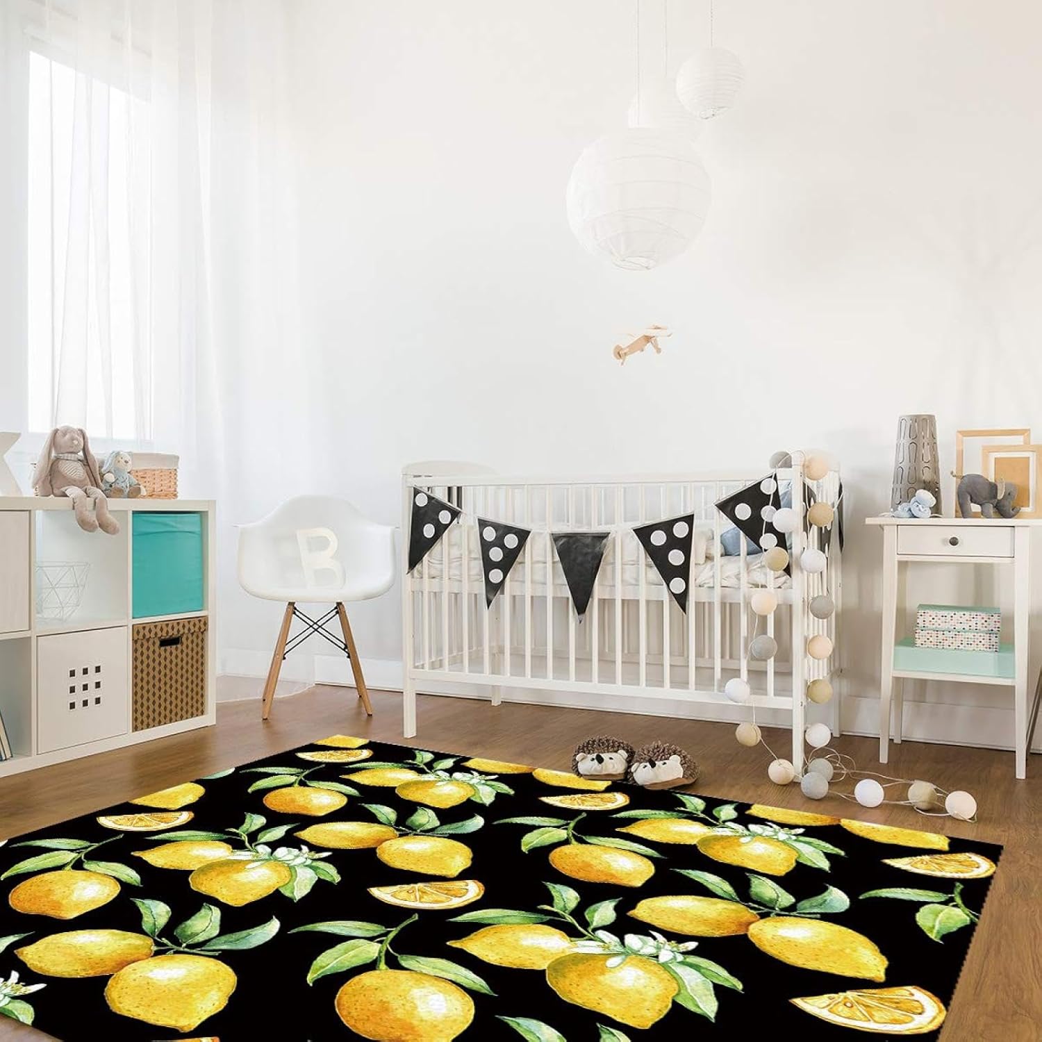 Watercolor Yellow Lemons Area Rug, Simple Black Background Decorative Carpet, Anti-Slip Foldable Fashion Design Floor Rug Suitable for Living Room Bedroom Dining Room Office（2x3ft）