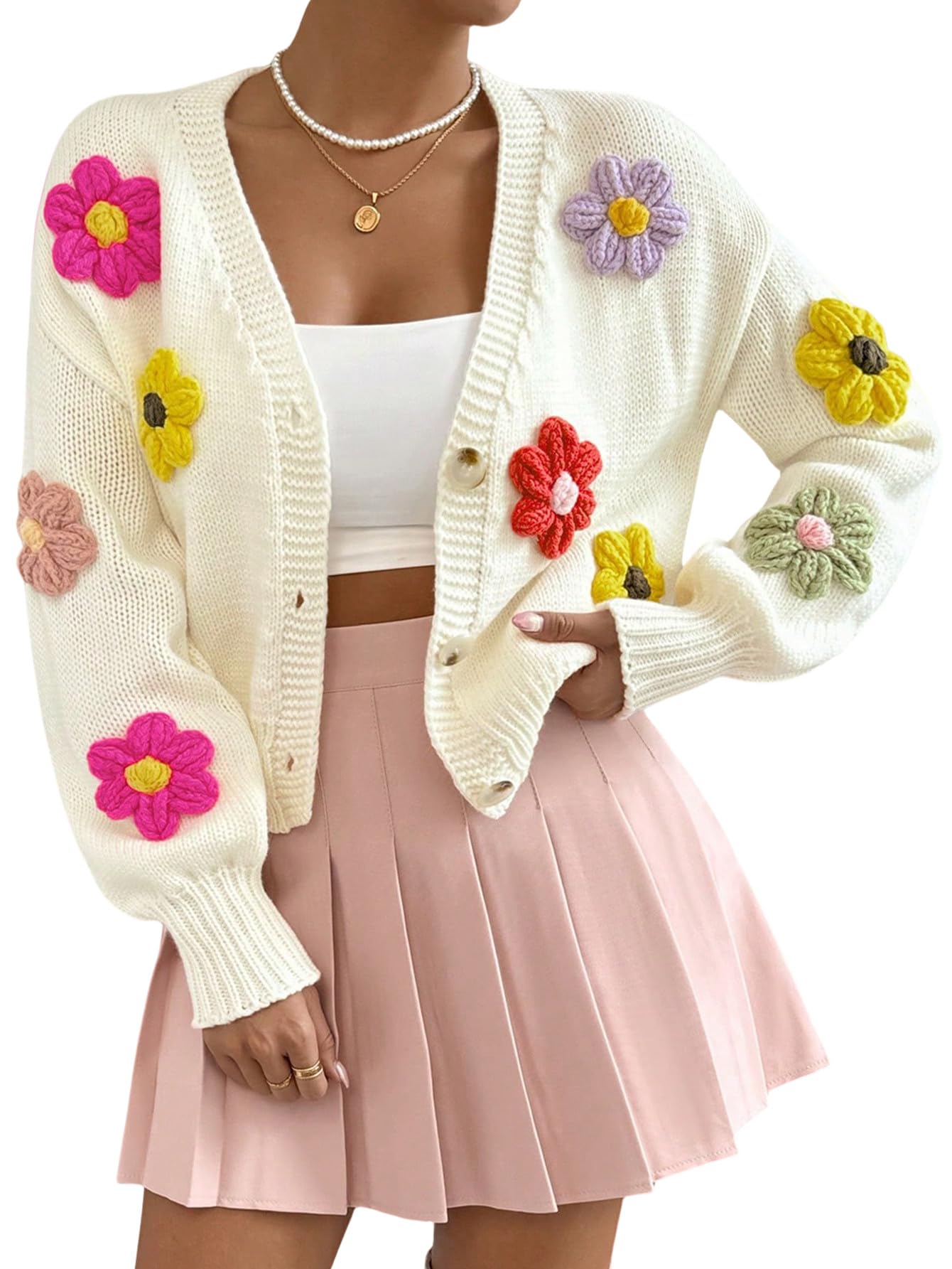 SHENHE Womens Button Down Flower Cardigan V Neck Open Front Knit Crop Cardigan Sweater