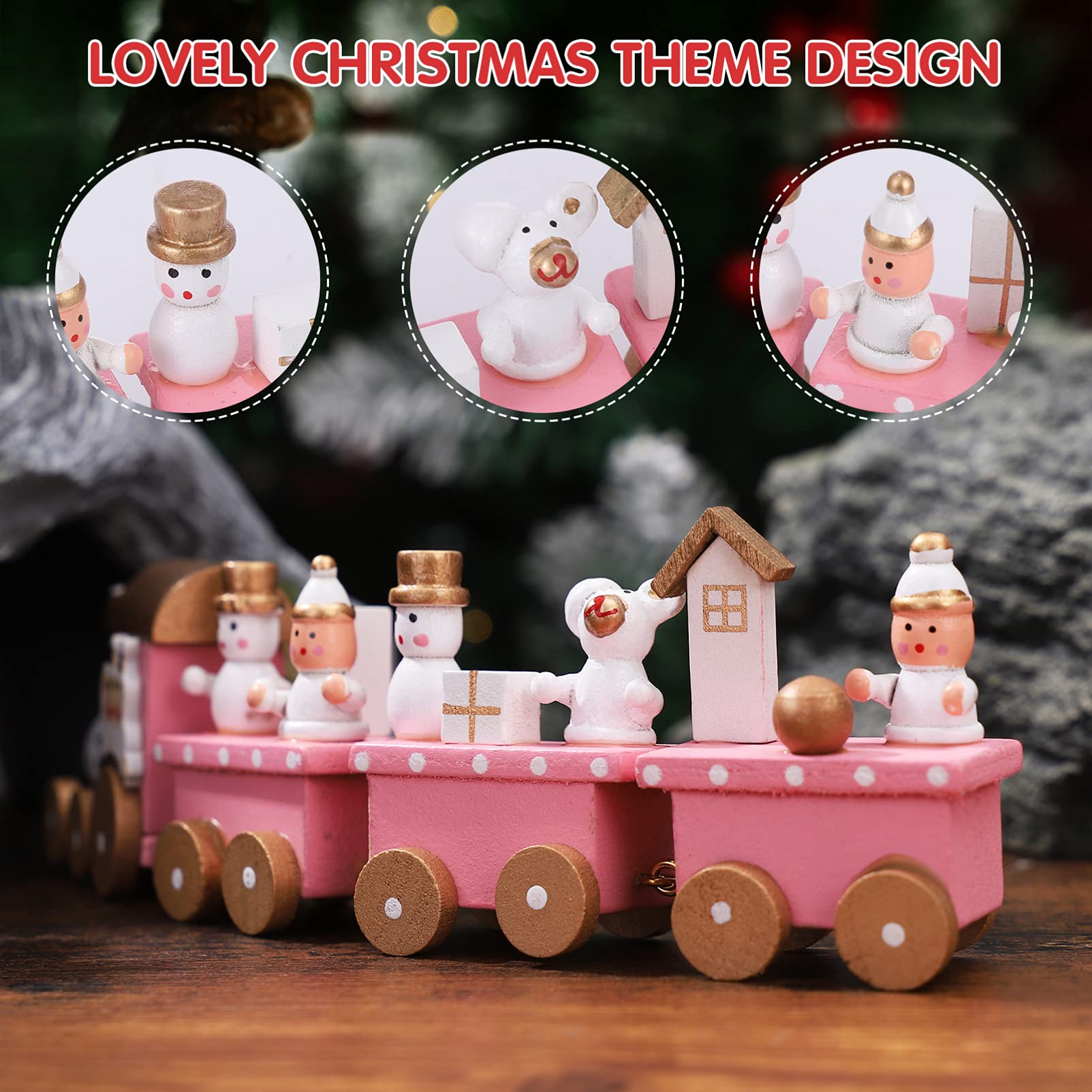 Decoración del hogar, adorno de Santaur, tren de madera de Navidad, mini juguete de tren de 4 secciones con muñeco de nieve y riel de tren, juego de juguetes para niños, decoración de fiesta 6